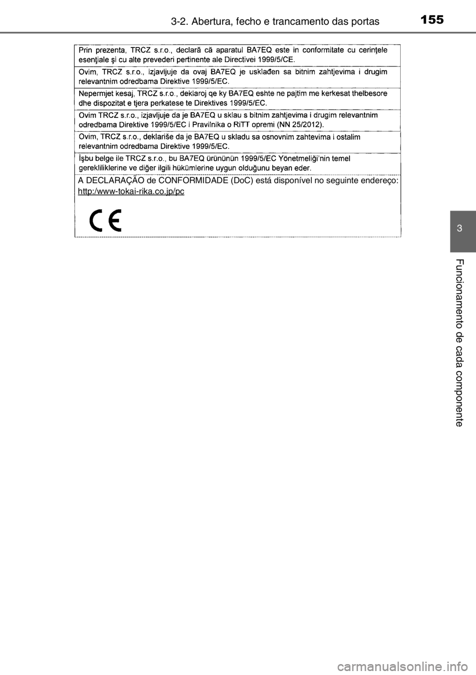 TOYOTA AURIS 2017 Manual de utilização (in Portuguese) 1553-2. Abertura, fecho e trancamento das portas
3
Funcionamento de cada componente
A DECLARAÇÃO de CONFORMIDADE (DoC) está disponível no seguinte endereço:
http:/www-tokai-rika.co.jp/pc TOYOTA AURIS 2017 Manual de utilização (in Portuguese) 1553-2. Abertura, fecho e trancamento das portas
3
Funcionamento de cada componente
A DECLARAÇÃO de CONFORMIDADE (DoC) está disponível no seguinte endereço:
http:/www-tokai-rika.co.jp/pc