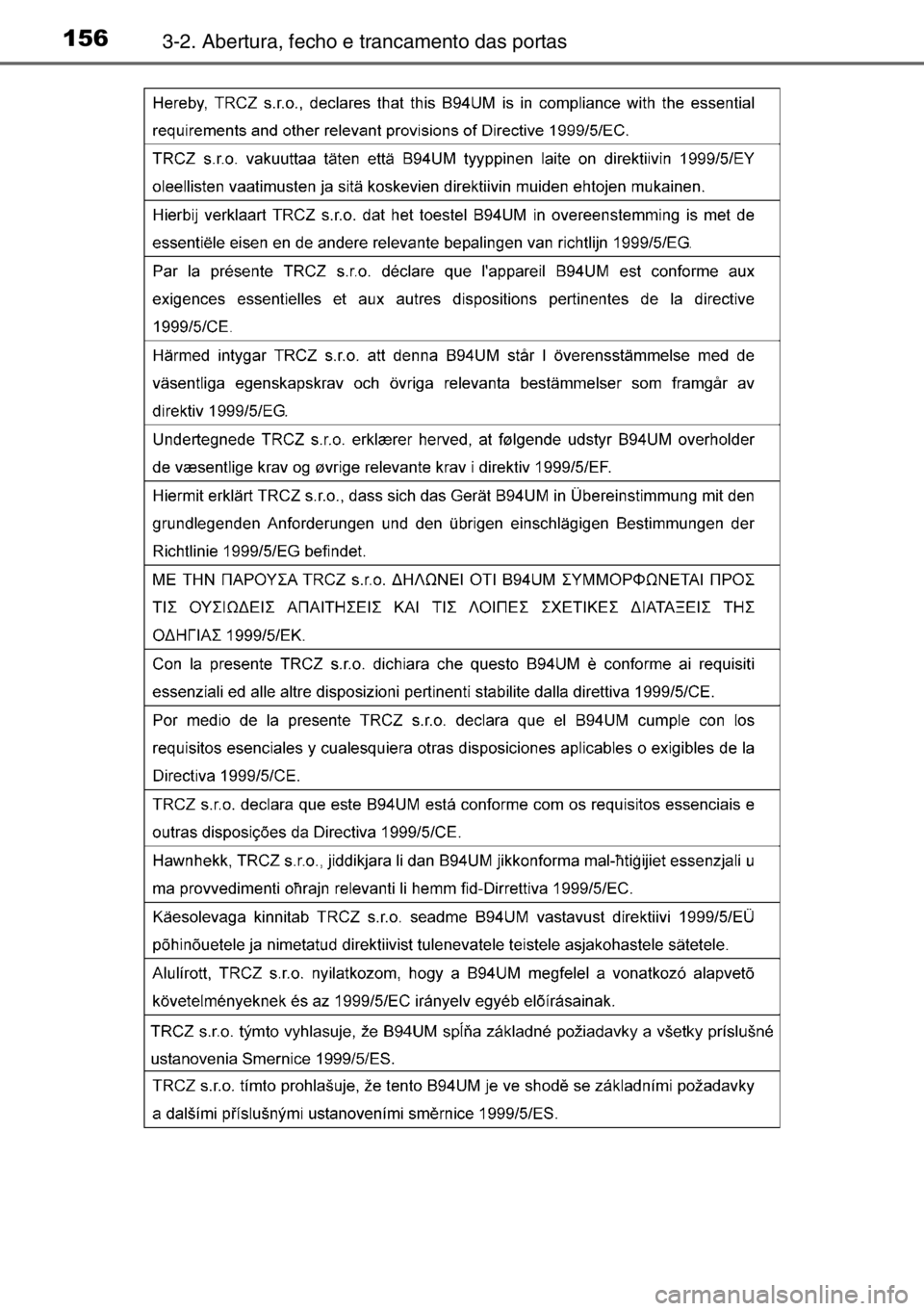 TOYOTA AURIS 2017 Manual de utilização (in Portuguese) 1563-2. Abertura, fecho e trancamento das portas TOYOTA AURIS 2017 Manual de utilização (in Portuguese) 1563-2. Abertura, fecho e trancamento das portas