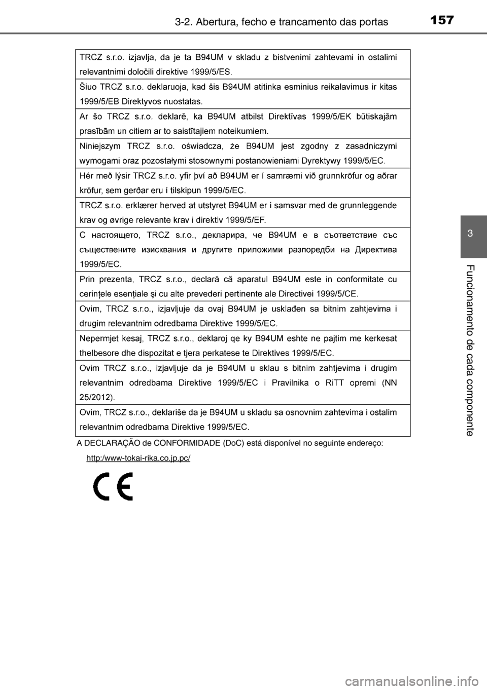 TOYOTA AURIS 2017 Manual de utilização (in Portuguese) 1573-2. Abertura, fecho e trancamento das portas
3
Funcionamento de cada componente
A DECLARAÇÃO de CONFORMIDADE (DoC) está disponível no seguinte endereço:
http:/www-tokai-rika.co.jp.pc/ TOYOTA AURIS 2017 Manual de utilização (in Portuguese) 1573-2. Abertura, fecho e trancamento das portas
3
Funcionamento de cada componente
A DECLARAÇÃO de CONFORMIDADE (DoC) está disponível no seguinte endereço:
http:/www-tokai-rika.co.jp.pc/