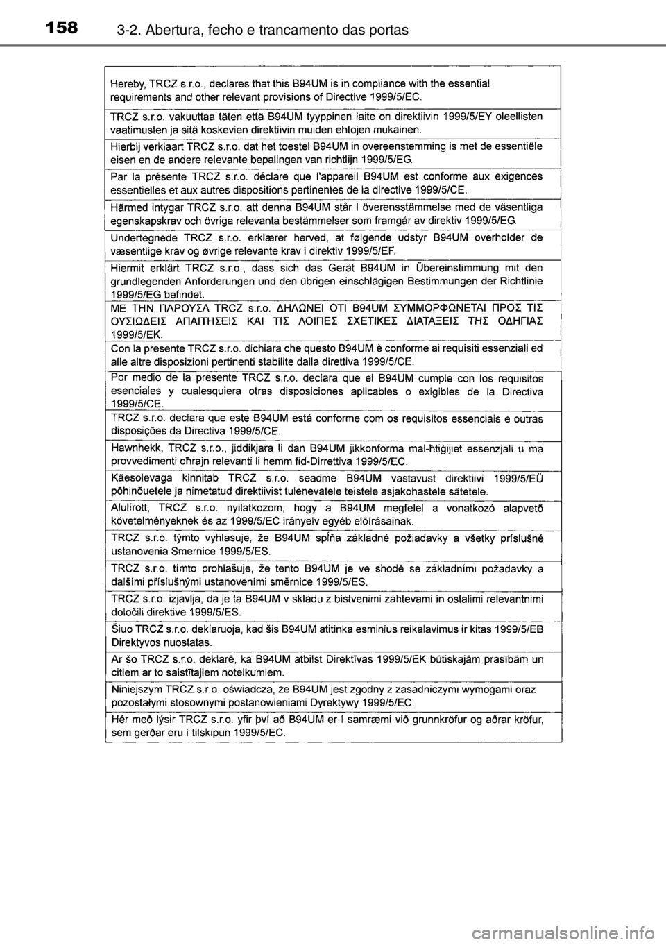 TOYOTA AURIS 2017 Manual de utilização (in Portuguese) 1583-2. Abertura, fecho e trancamento das portas TOYOTA AURIS 2017 Manual de utilização (in Portuguese) 1583-2. Abertura, fecho e trancamento das portas