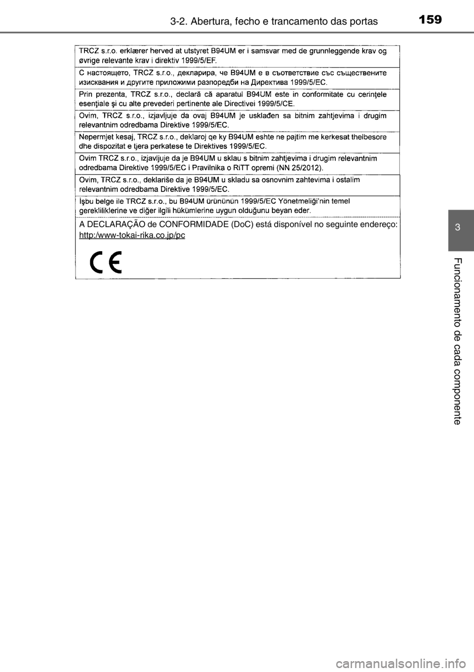 TOYOTA AURIS 2017  Manual de utilização (in Portuguese) 1593-2. Abertura, fecho e trancamento das portas
3
Funcionamento de cada componente
A DECLARAÇÃO de CONFORMIDADE (DoC) está disponível no seguinte endereço:
http:/www-tokai-rika.co.jp/pc 