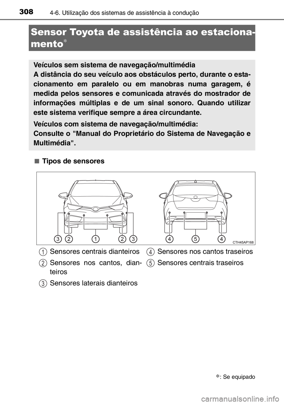 TOYOTA AURIS 2017 Manual de utilização (in Portuguese) 3084-6. Utilização dos sistemas de assistência à condução
■Tipos de sensores
Sensor Toyota de assistência ao estaciona-
mento
∗
∗: Se equipado
Veículos sem sistema de navegação/multim TOYOTA AURIS 2017 Manual de utilização (in Portuguese) 3084-6. Utilização dos sistemas de assistência à condução
■Tipos de sensores
Sensor Toyota de assistência ao estaciona-
mento
∗
∗: Se equipado
Veículos sem sistema de navegação/multim