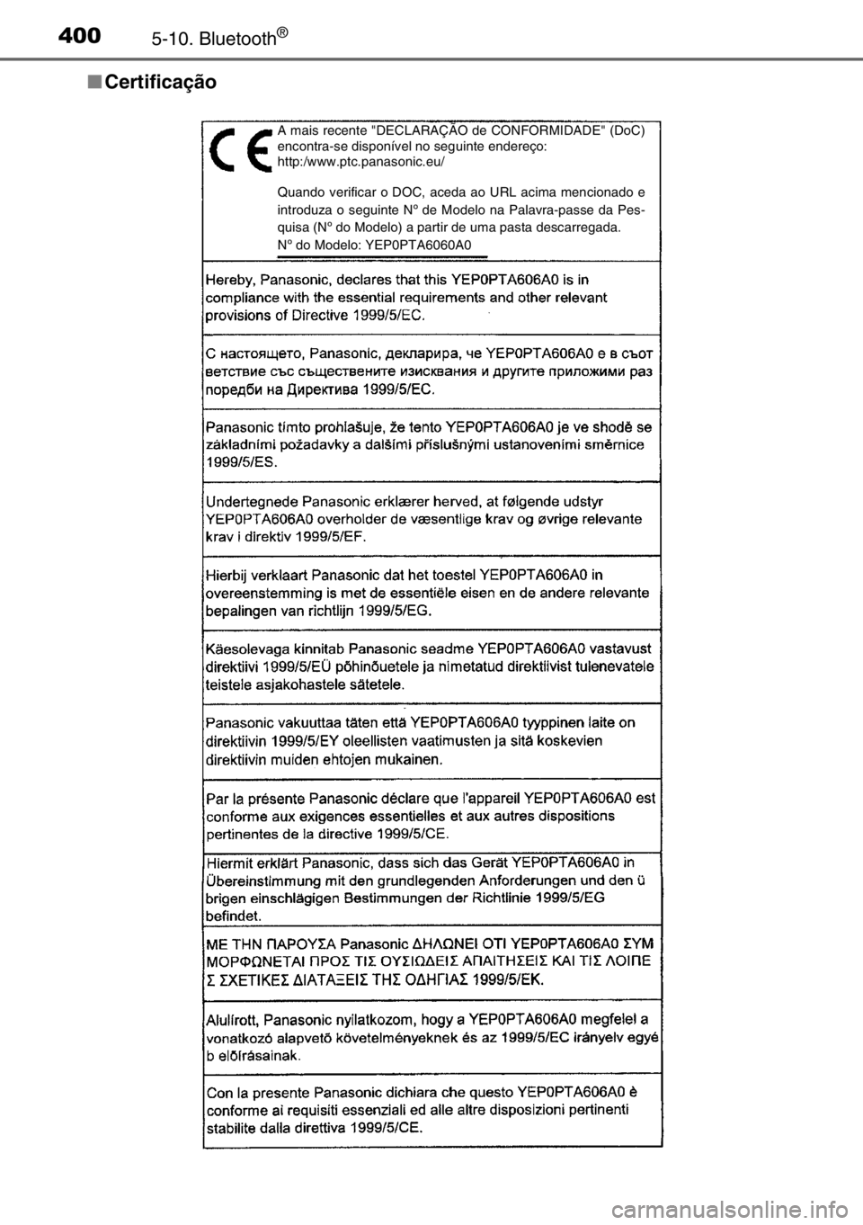 TOYOTA AURIS 2017  Manual de utilização (in Portuguese) 4005-10. Bluetooth®
■Certificação
A mais recente "DECLARAÇÃO de CONFORMIDADE" (DoC)
encontra-se disponível no seguinte endereço:
http:/www.ptc.panasonic.eu/
Quando verificar o DOC, ac