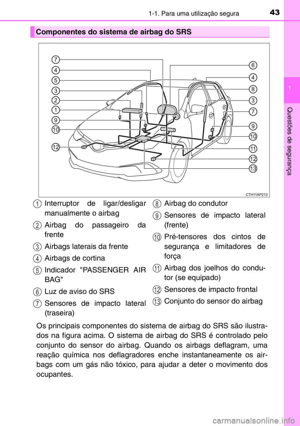 TOYOTA AURIS 2017 Manual de utilização (in Portuguese) 431-1. Para uma utilização segura
1
Questões de segurança
Os principais componentes do sistema de airbag do SRS são ilustra-
dos na figura acima. O sistema de airbag do SRS é controlado pelo
con TOYOTA AURIS 2017 Manual de utilização (in Portuguese) 431-1. Para uma utilização segura
1
Questões de segurança
Os principais componentes do sistema de airbag do SRS são ilustra-
dos na figura acima. O sistema de airbag do SRS é controlado pelo
con