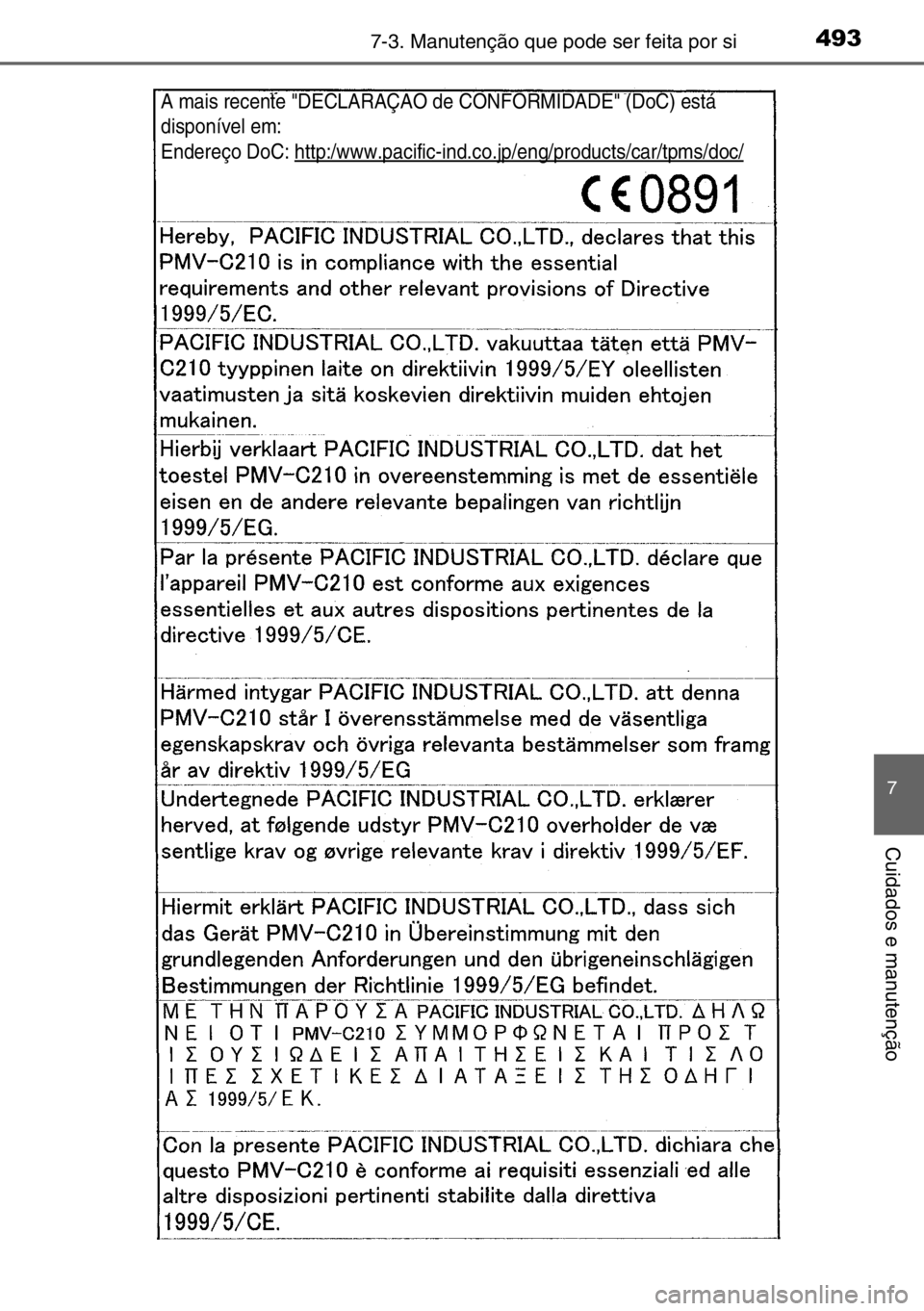 TOYOTA AURIS 2017 Manual de utilização (in Portuguese) 4937-3. Manutenção que pode ser feita por si
7
Cuidados e manutenção
A mais recente "DECLARAÇÃO de CONFORMIDADE" (DoC) está
disponível em:
Endereço DoC: http:/www.pacific-ind.co.jp/e TOYOTA AURIS 2017 Manual de utilização (in Portuguese) 4937-3. Manutenção que pode ser feita por si
7
Cuidados e manutenção
A mais recente "DECLARAÇÃO de CONFORMIDADE" (DoC) está
disponível em:
Endereço DoC: http:/www.pacific-ind.co.jp/e