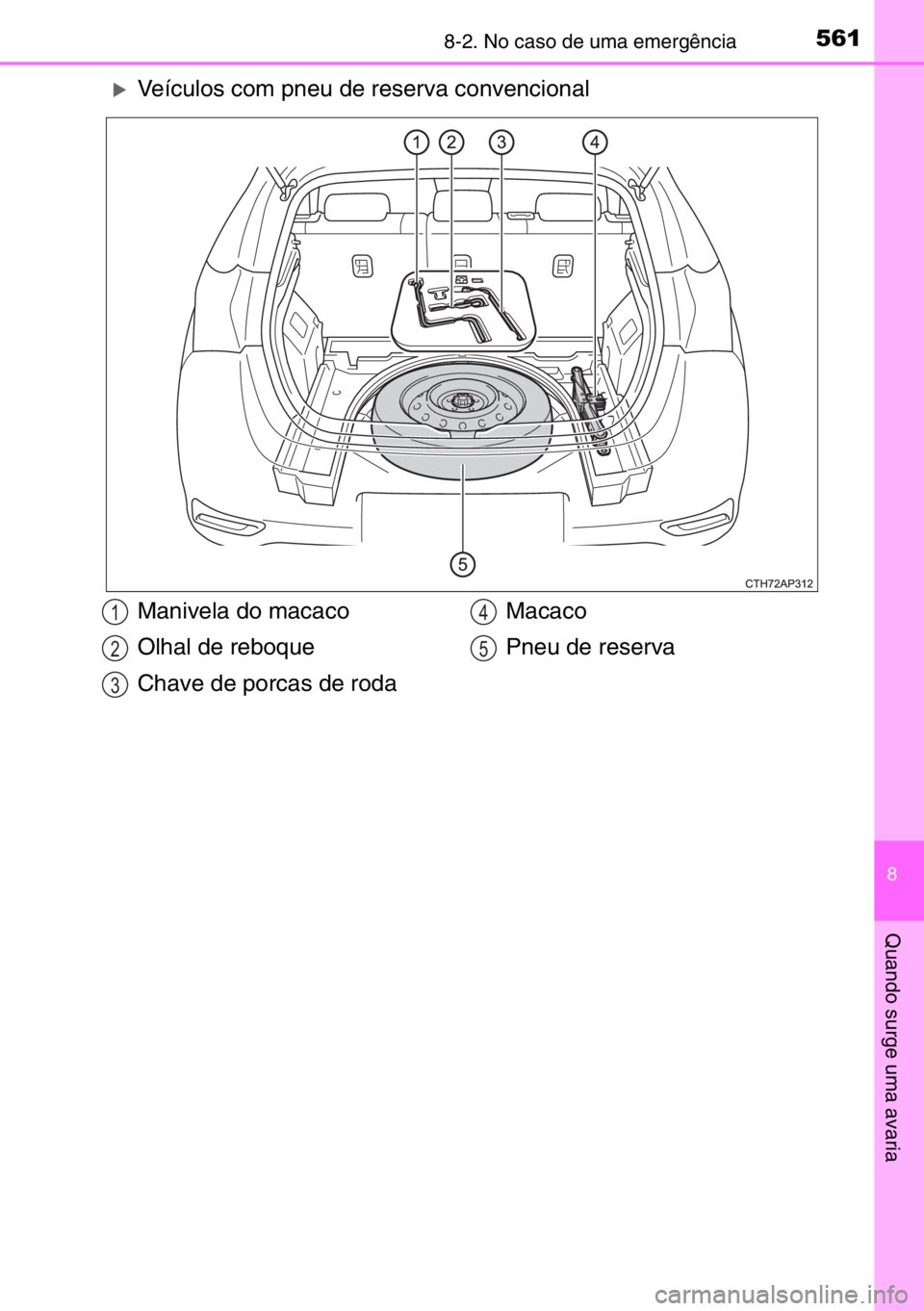 TOYOTA AURIS 2017  Manual de utilização (in Portuguese) 5618-2. No caso de uma emergência
8
Quando surge uma avaria
�XVeículos com pneu de reserva convencional
Manivela do macaco
Olhal de reboque
Chave de porcas de rodaMacaco
Pneu de reserva1
2
3
4
5 