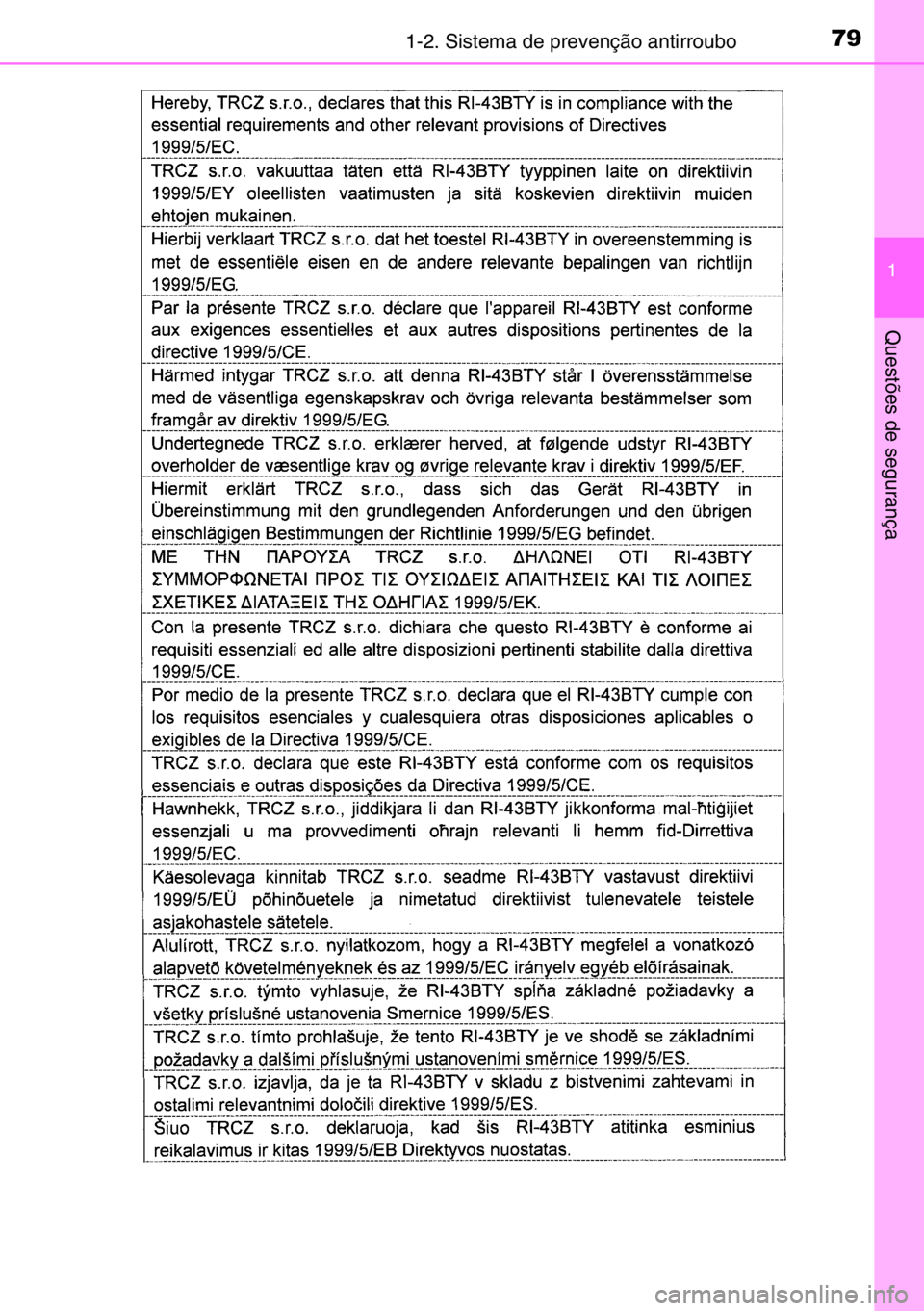 TOYOTA AURIS 2017  Manual de utilização (in Portuguese) 791-2. Sistema de prevenção antirroubo
1
Questões de segurança 