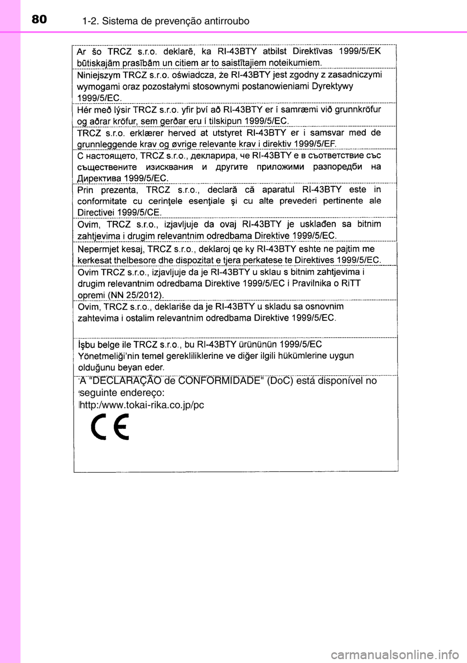 TOYOTA AURIS 2017  Manual de utilização (in Portuguese) 801-2. Sistema de prevenção antirroubo
A "DECLARAÇÃO de CONFORMIDADE" (DoC) está disponível no 
seguinte endereço: 
http:/www.tokai-rika.co.jp/pc 