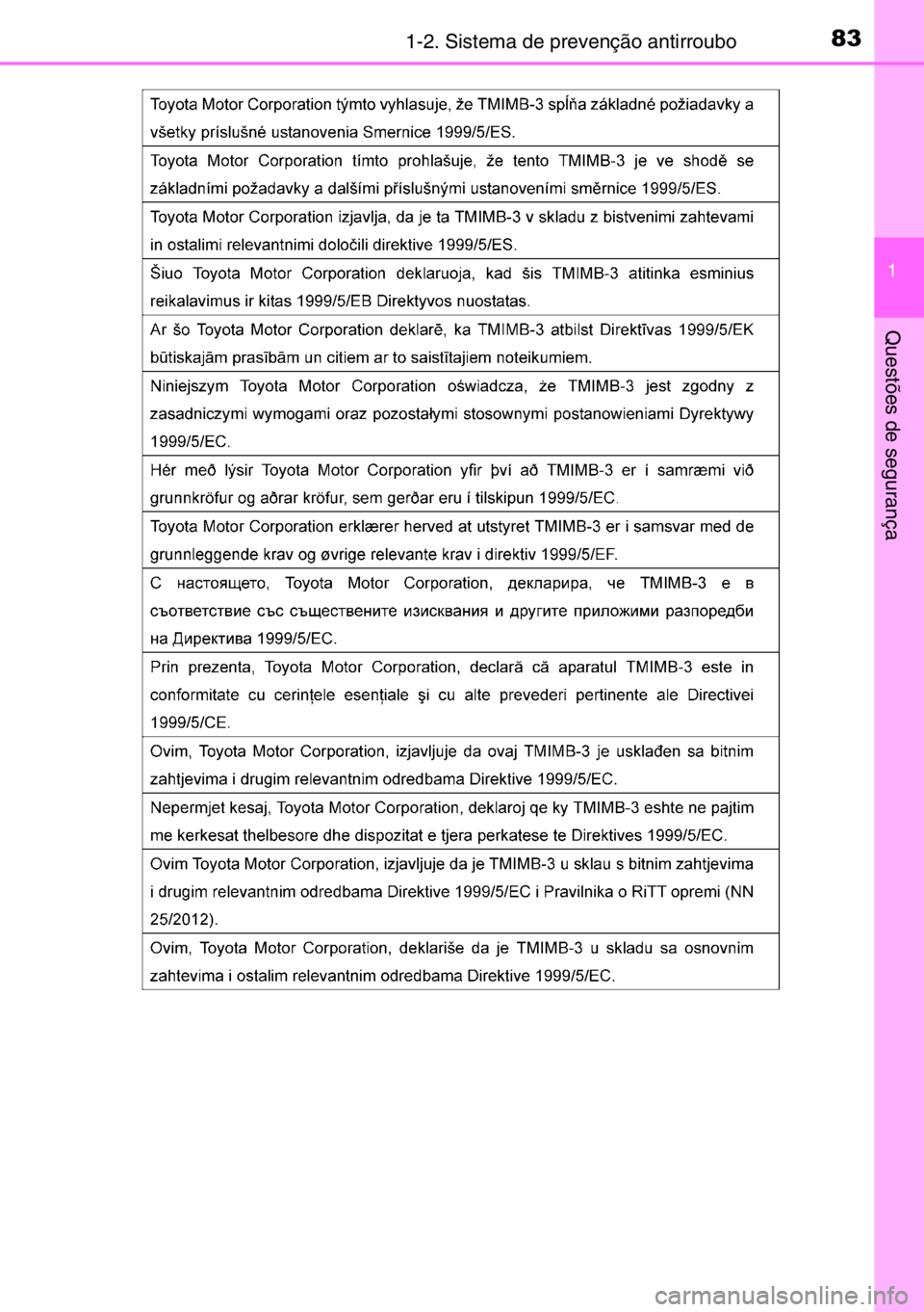 TOYOTA AURIS 2017  Manual de utilização (in Portuguese) 831-2. Sistema de prevenção antirroubo
1
Questões de segurança 