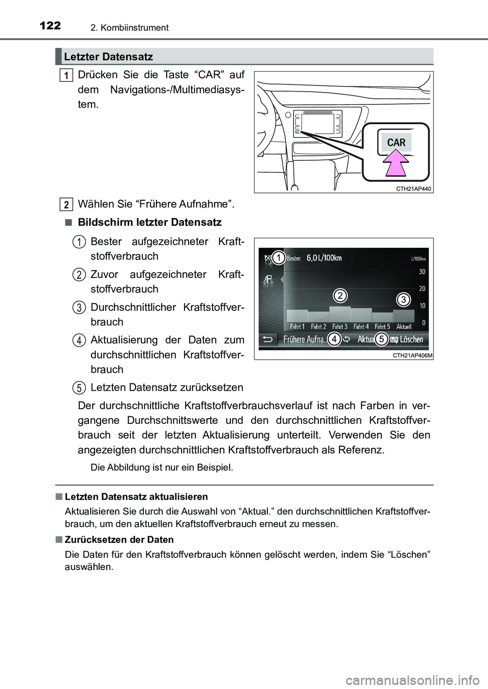 TOYOTA AURIS 2017 Betriebsanleitungen (in German) 1222. Kombiinstrument
UK_AURIS_HB_EM (OM12K99M)
Drücken Sie die Taste “CAR” auf
dem Navigations-/Multimediasys-
tem.
Wählen Sie “Frühere Aufnahme”.
■Bildschirm letzter Datensatz
Bester au TOYOTA AURIS 2017 Betriebsanleitungen (in German) 1222. Kombiinstrument
UK_AURIS_HB_EM (OM12K99M)
Drücken Sie die Taste “CAR” auf
dem Navigations-/Multimediasys-
tem.
Wählen Sie “Frühere Aufnahme”.
■Bildschirm letzter Datensatz
Bester au