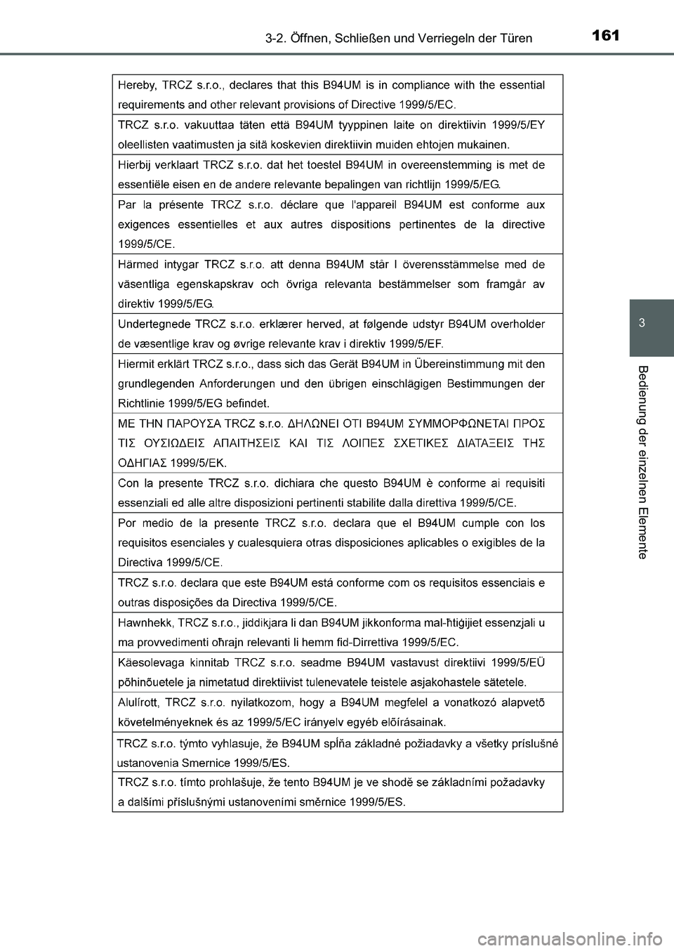 TOYOTA AURIS 2017  Betriebsanleitungen (in German) 1613-2. Öffnen, Schließen und Verriegeln der Türen
3
Bedienung der einzelnen Elemente
UK_AURIS_HB_EM (OM12K99M)
UK AURIS_HB_OM_German_OM12K99M.book  161 ページ  ２０１６年６月２８日　