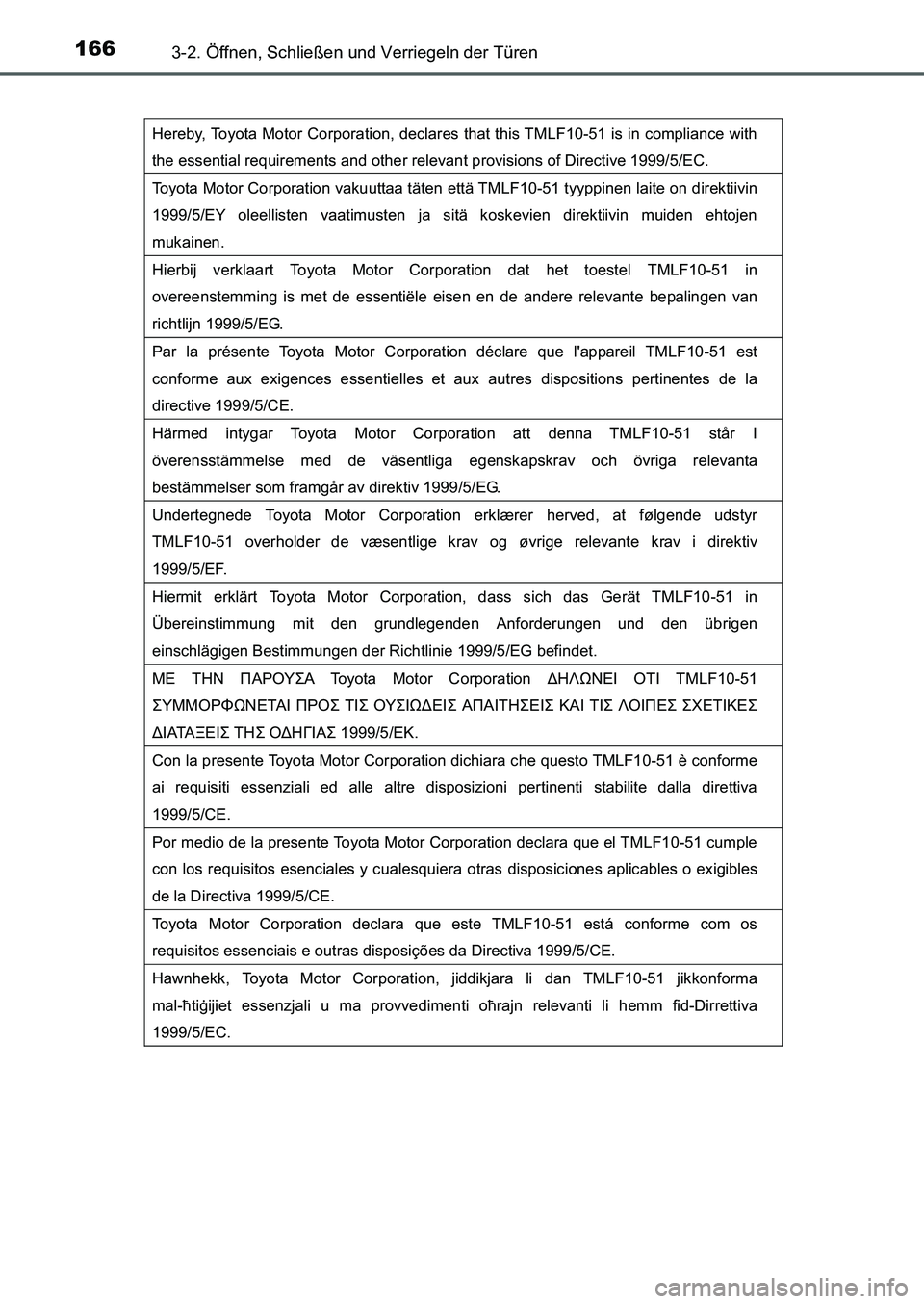 TOYOTA AURIS 2017 Betriebsanleitungen (in German) 1663-2. Öffnen, Schließen und Verriegeln der Türen
UK_AURIS_HB_EM (OM12K99M)
Hereby, Toyota Motor Corporation, declares that this TMLF10-51 is in compliance with
the essential requirements and oth TOYOTA AURIS 2017 Betriebsanleitungen (in German) 1663-2. Öffnen, Schließen und Verriegeln der Türen
UK_AURIS_HB_EM (OM12K99M)
Hereby, Toyota Motor Corporation, declares that this TMLF10-51 is in compliance with
the essential requirements and oth
