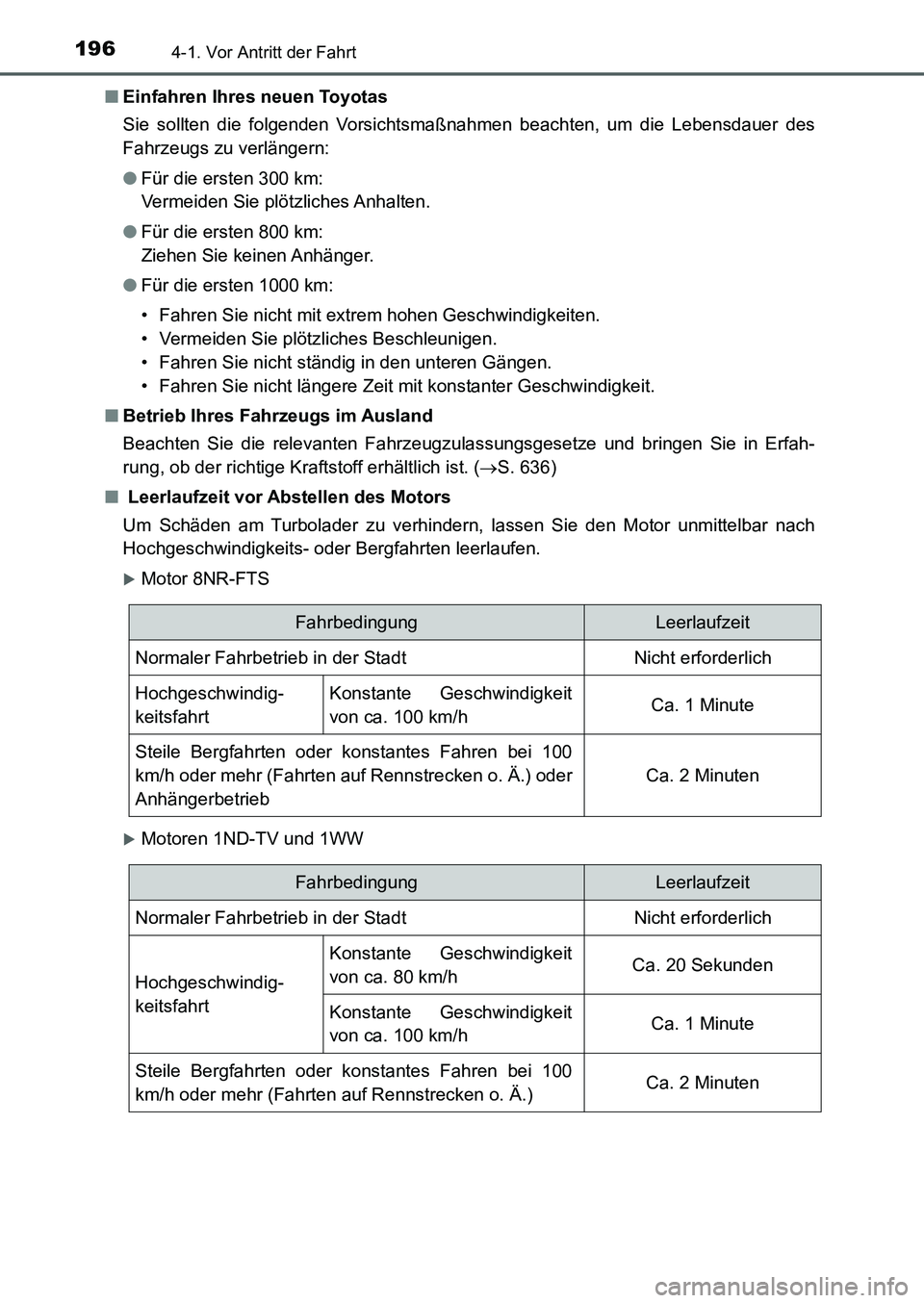 TOYOTA AURIS 2017 Betriebsanleitungen (in German) 1964-1. Vor Antritt der Fahrt
UK_AURIS_HB_EM (OM12K99M)■Einfahren Ihres neuen Toyotas
Sie sollten die folgenden Vorsichtsmaßnahmen beachten, um die Lebensdauer des
Fahrzeugs zu verlängern:
●Für TOYOTA AURIS 2017 Betriebsanleitungen (in German) 1964-1. Vor Antritt der Fahrt
UK_AURIS_HB_EM (OM12K99M)■Einfahren Ihres neuen Toyotas
Sie sollten die folgenden Vorsichtsmaßnahmen beachten, um die Lebensdauer des
Fahrzeugs zu verlängern:
●Für