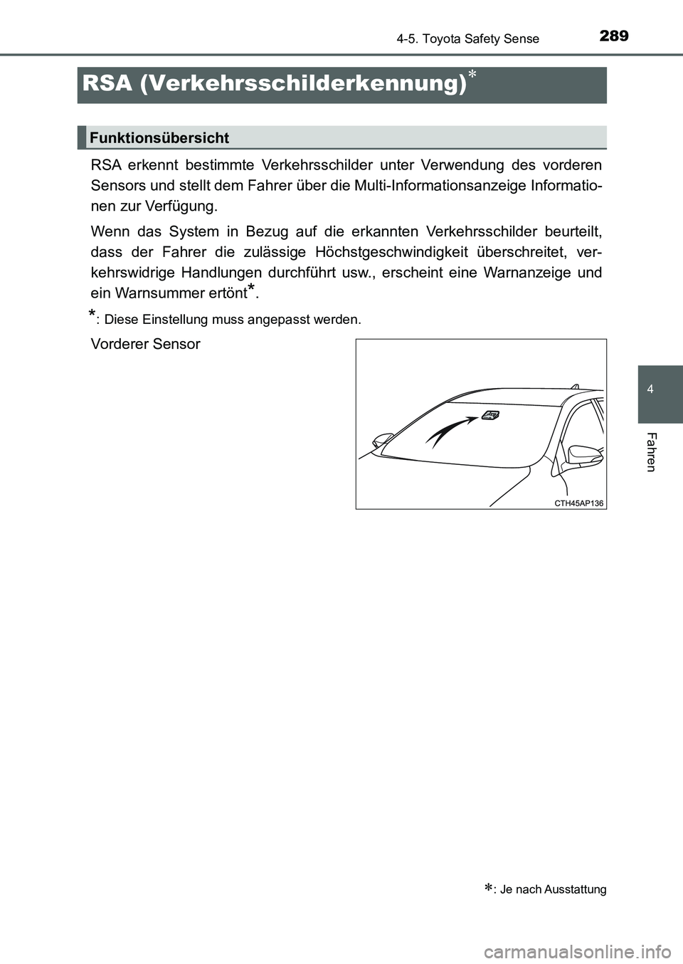 TOYOTA AURIS 2017 Betriebsanleitungen (in German) 2894-5. Toyota Safety Sense
4
Fahren
UK_AURIS_HB_EM (OM12K99M)
RSA erkennt bestimmte Verkehrsschilder unter Verwendung des vorderen
Sensors und stellt dem Fahrer über die Multi-Informationsanzeige In TOYOTA AURIS 2017 Betriebsanleitungen (in German) 2894-5. Toyota Safety Sense
4
Fahren
UK_AURIS_HB_EM (OM12K99M)
RSA erkennt bestimmte Verkehrsschilder unter Verwendung des vorderen
Sensors und stellt dem Fahrer über die Multi-Informationsanzeige In