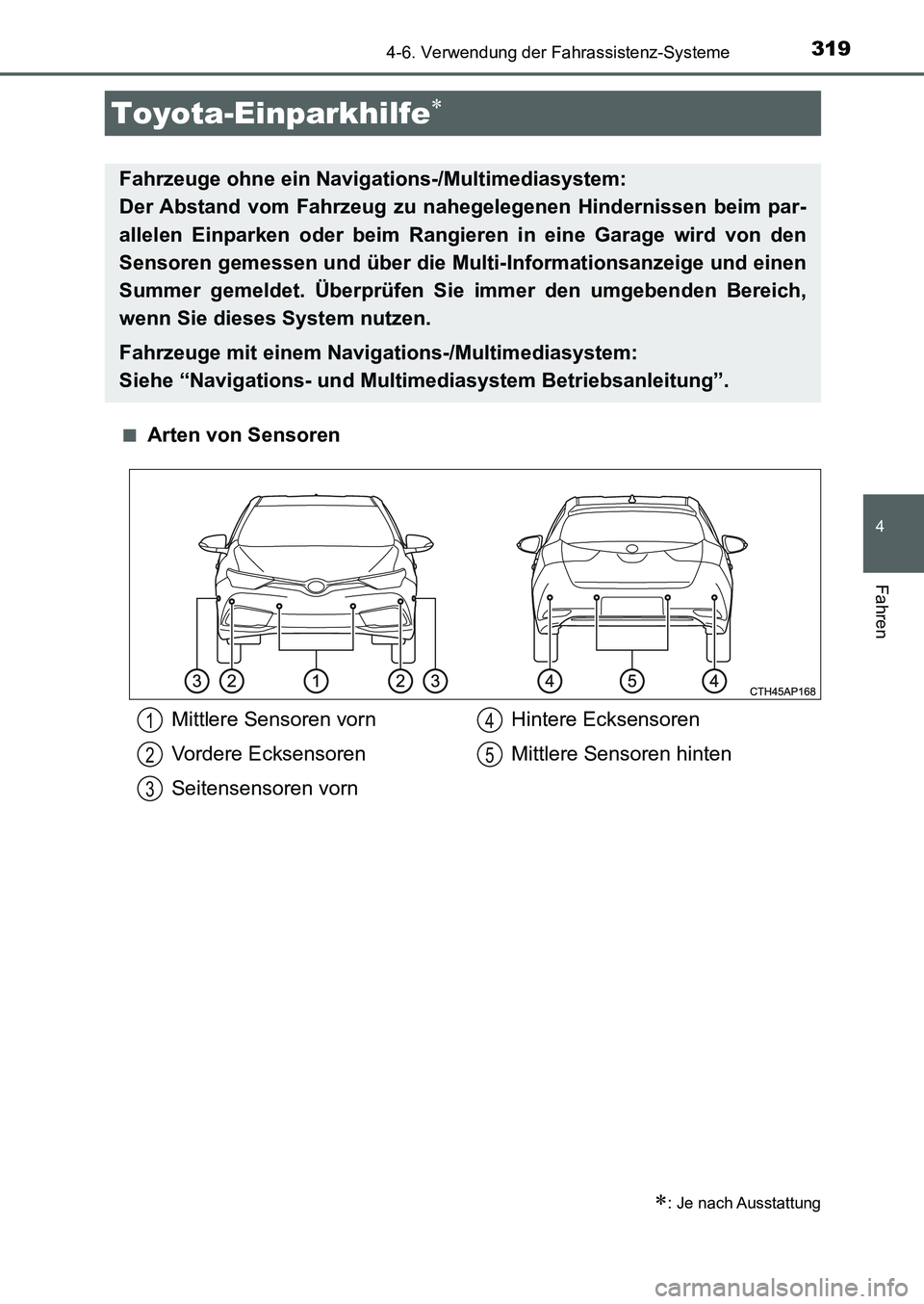 TOYOTA AURIS 2017 Betriebsanleitungen (in German) 3194-6. Verwendung der Fahrassistenz-Systeme
4
Fahren
UK_AURIS_HB_EM (OM12K99M)■
Arten von Sensoren
Toyota-Einparkhilfe
: Je nach Ausstattung
Fahrzeuge ohne ein Navigations-/Multimediasystem: TOYOTA AURIS 2017 Betriebsanleitungen (in German) 3194-6. Verwendung der Fahrassistenz-Systeme
4
Fahren
UK_AURIS_HB_EM (OM12K99M)■
Arten von Sensoren
Toyota-Einparkhilfe
: Je nach Ausstattung
Fahrzeuge ohne ein Navigations-/Multimediasystem: