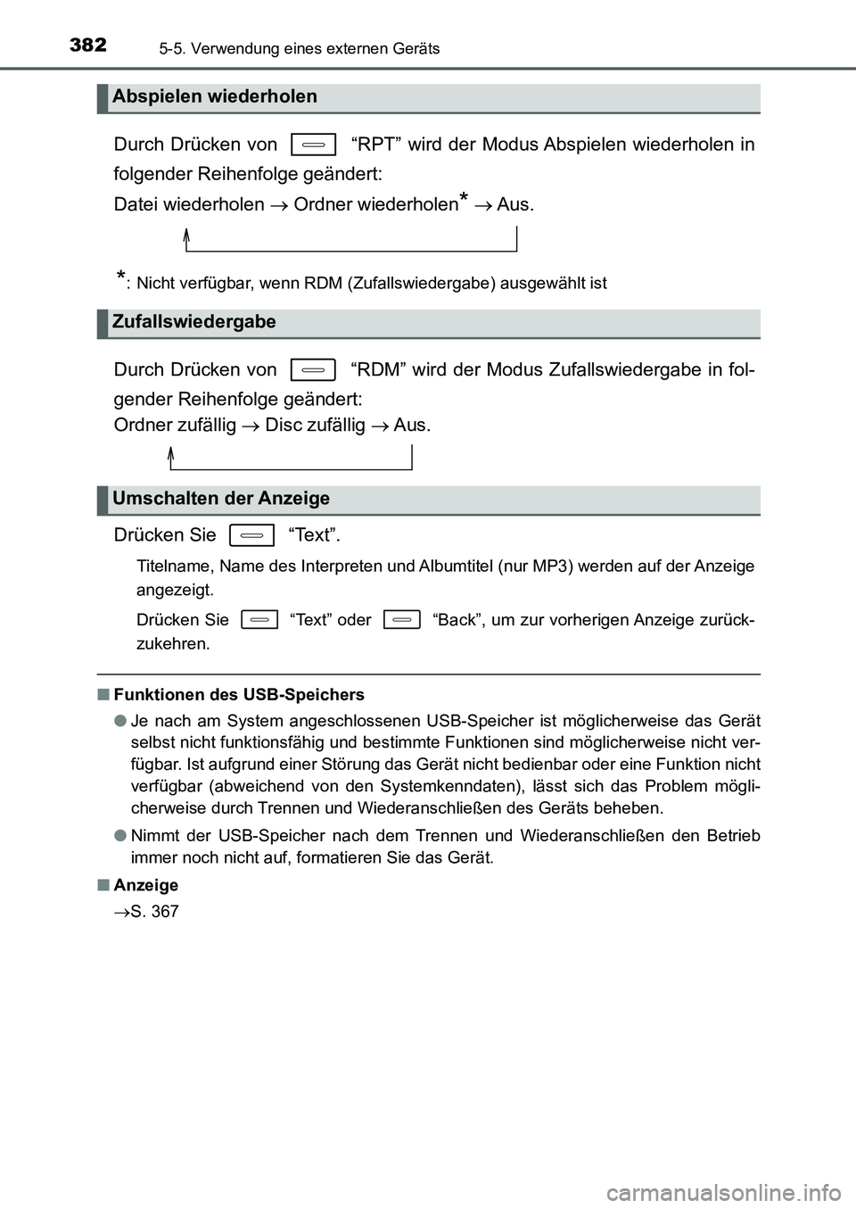 TOYOTA AURIS 2017 Betriebsanleitungen (in German) 3825-5. Verwendung eines externen Geräts
UK_AURIS_HB_EM (OM12K99M)
Durch Drücken von “RPT” wird der Modus Abspielen wiederholen in
folgender Reihenfolge geändert:
Datei wiederholen Ordne TOYOTA AURIS 2017 Betriebsanleitungen (in German) 3825-5. Verwendung eines externen Geräts
UK_AURIS_HB_EM (OM12K99M)
Durch Drücken von “RPT” wird der Modus Abspielen wiederholen in
folgender Reihenfolge geändert:
Datei wiederholen Ordne