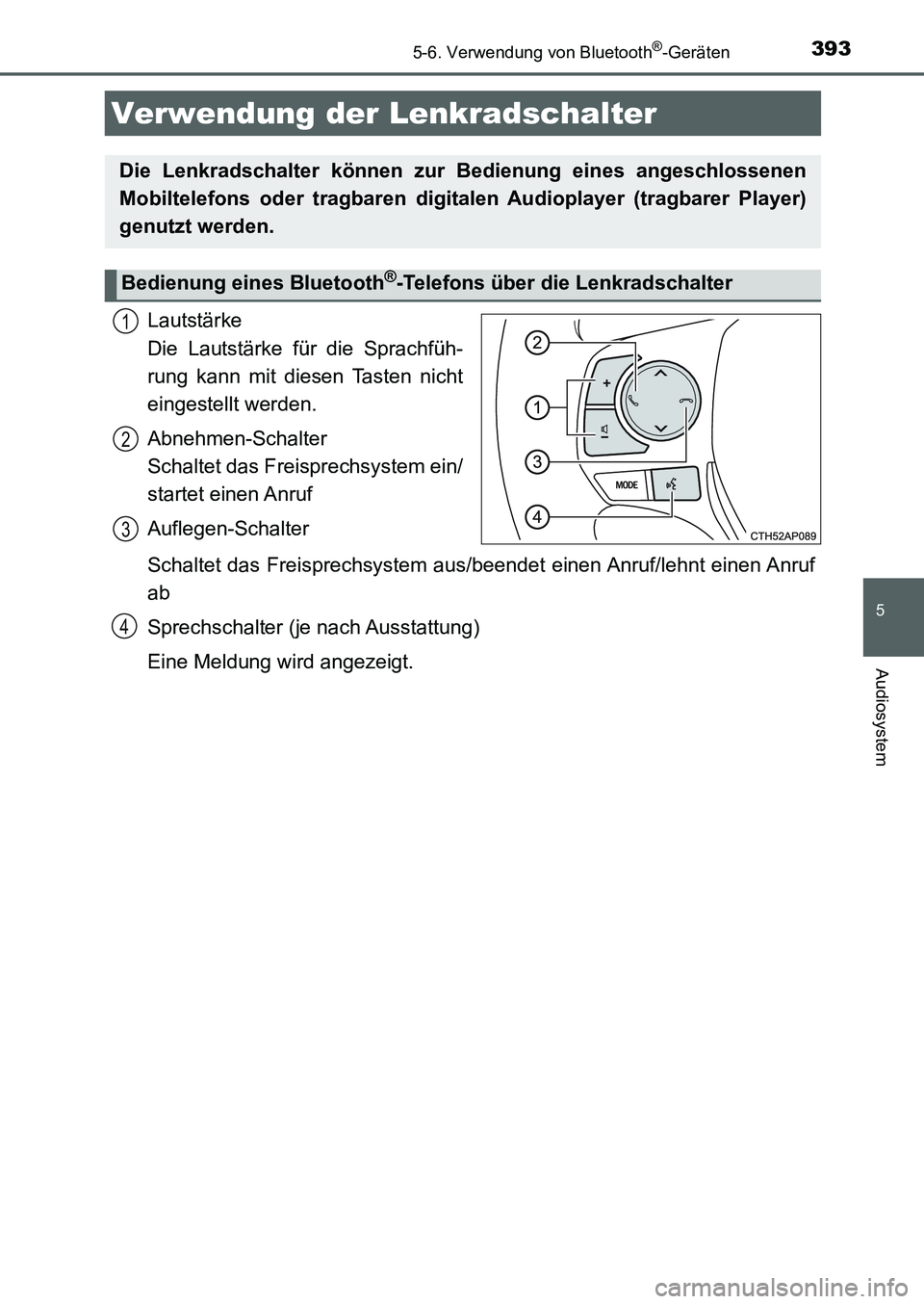 TOYOTA AURIS 2017 Betriebsanleitungen (in German) 3935-6. Verwendung von Bluetooth®-Geräten
5
Audiosystem
UK_AURIS_HB_EM (OM12K99M)
Lautstärke
Die Lautstärke für die Sprachfüh-
rung kann mit diesen Tasten nicht
eingestellt werden.
Abnehmen-Sch TOYOTA AURIS 2017 Betriebsanleitungen (in German) 3935-6. Verwendung von Bluetooth®-Geräten
5
Audiosystem
UK_AURIS_HB_EM (OM12K99M)
Lautstärke
Die Lautstärke für die Sprachfüh-
rung kann mit diesen Tasten nicht
eingestellt werden.
Abnehmen-Sch