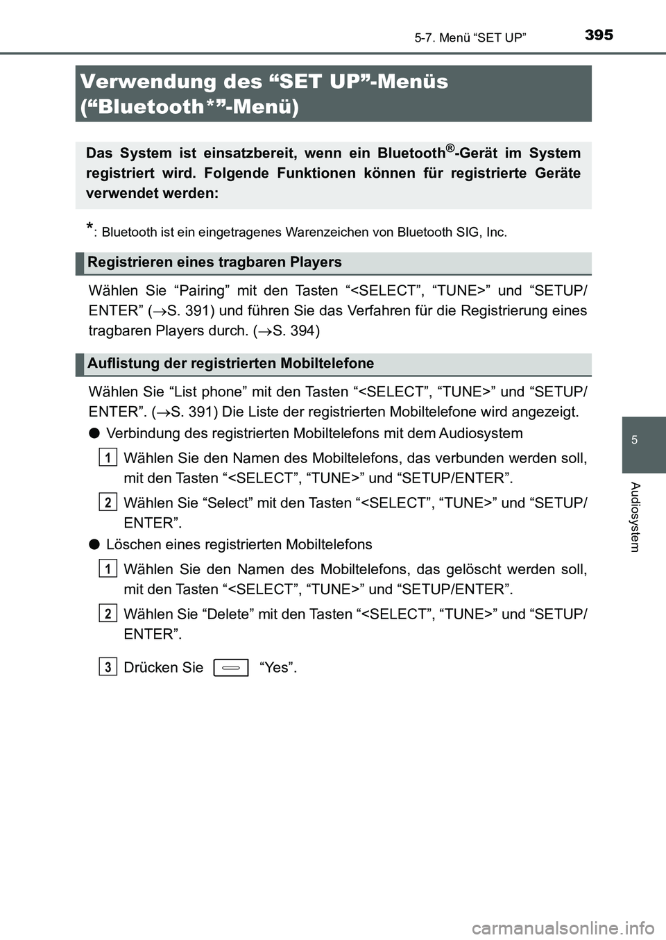 TOYOTA AURIS 2017 Betriebsanleitungen (in German) 395
5
Audiosystem
UK_AURIS_HB_EM (OM12K99M)
5-7. Menü “SET UP”
*: Bluetooth ist ein eingetragenes Warenzeichen von Bluetooth SIG, Inc.
Wählen Sie “Pairing” mit den Tasten “<SELECT”, “T TOYOTA AURIS 2017 Betriebsanleitungen (in German) 395
5
Audiosystem
UK_AURIS_HB_EM (OM12K99M)
5-7. Menü “SET UP”
*: Bluetooth ist ein eingetragenes Warenzeichen von Bluetooth SIG, Inc.
Wählen Sie “Pairing” mit den Tasten “<SELECT”, “T