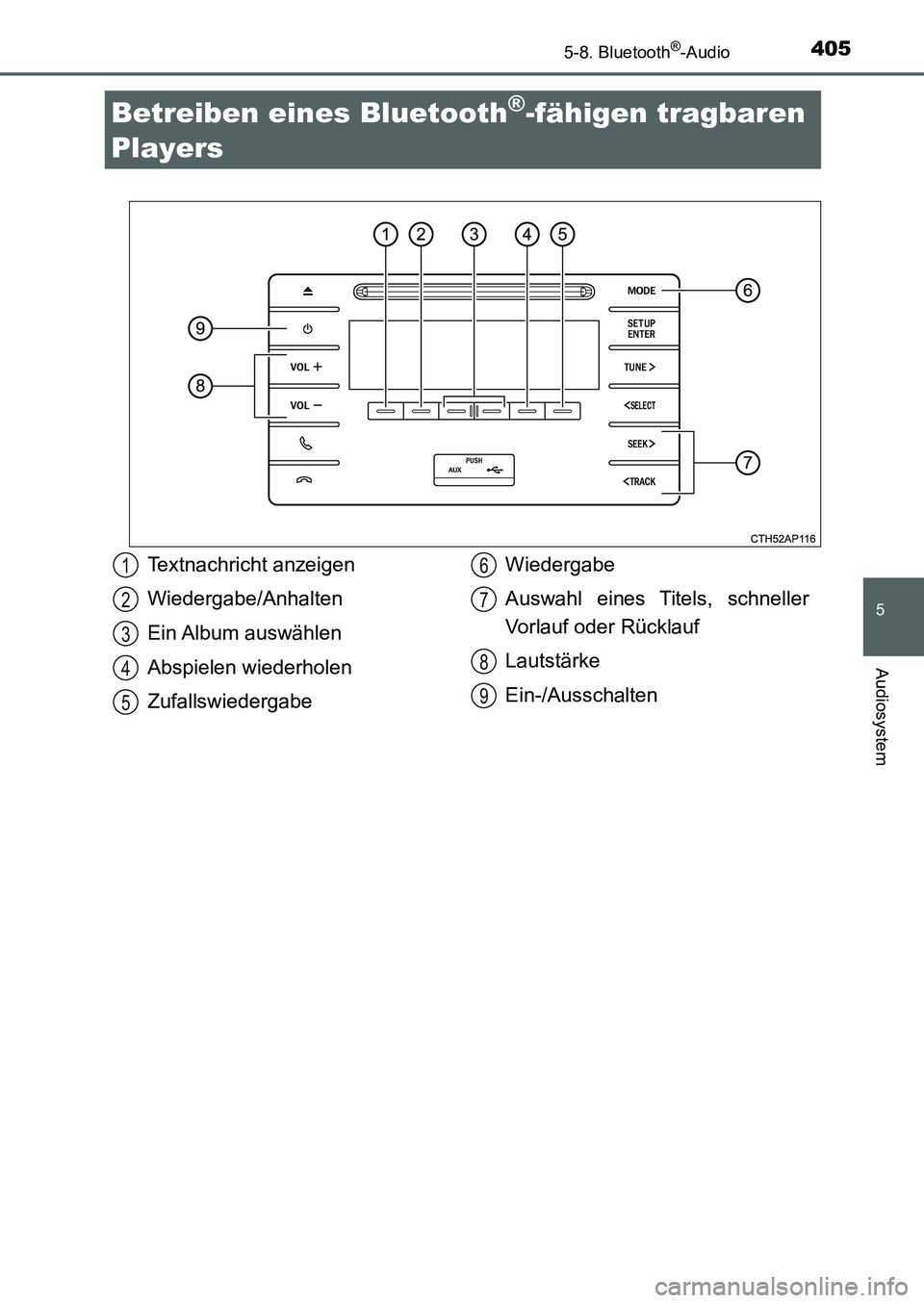 TOYOTA AURIS 2017 Betriebsanleitungen (in German) 405
5
Audiosystem
UK_AURIS_HB_EM (OM12K99M)
5-8. Bluetooth®-Audio
Betreiben eines Bluetooth®-fähigen tragbaren
Players
Textnachricht anzeigen
Wiedergabe/Anhalten
Ein Album auswählen
Abspielen w TOYOTA AURIS 2017 Betriebsanleitungen (in German) 405
5
Audiosystem
UK_AURIS_HB_EM (OM12K99M)
5-8. Bluetooth®-Audio
Betreiben eines Bluetooth®-fähigen tragbaren
Players
Textnachricht anzeigen
Wiedergabe/Anhalten
Ein Album auswählen
Abspielen w