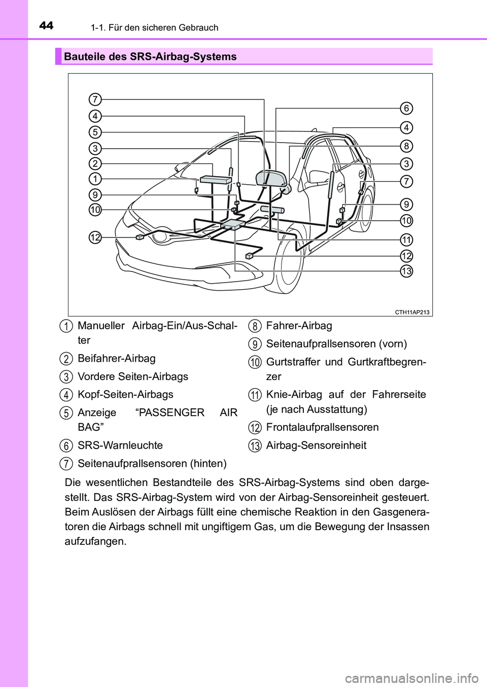 TOYOTA AURIS 2017  Betriebsanleitungen (in German) 441-1. Für den sicheren Gebrauch
UK_AURIS_HB_EM (OM12K99M)
Die wesentlichen Bestandteile des SRS-Airbag-Systems sind oben darge-
stellt. Das SRS-Airbag-System wird von der Airbag-Sensoreinheit gesteu