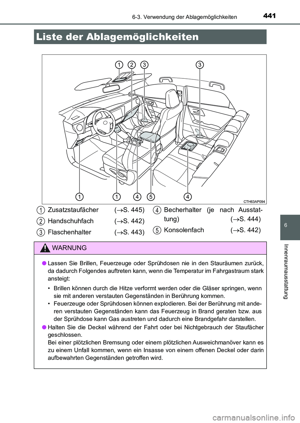 TOYOTA AURIS 2017 Betriebsanleitungen (in German) 441
6
Innenraumausstattung
UK_AURIS_HB_EM (OM12K99M)
6-3. Verwendung der Ablagemöglichkeiten
Liste der Ablagemöglichkeiten
Zusatzstaufächer (S. 445)
Handschuhfach (S. 442)
Flaschenhalter ( TOYOTA AURIS 2017 Betriebsanleitungen (in German) 441
6
Innenraumausstattung
UK_AURIS_HB_EM (OM12K99M)
6-3. Verwendung der Ablagemöglichkeiten
Liste der Ablagemöglichkeiten
Zusatzstaufächer (S. 445)
Handschuhfach (S. 442)
Flaschenhalter (