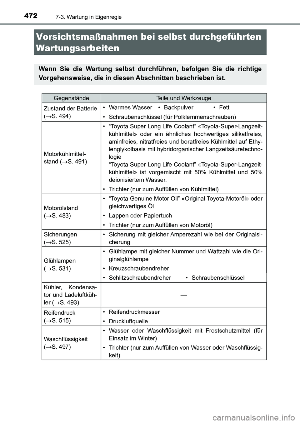 TOYOTA AURIS 2017 Betriebsanleitungen (in German) 472
UK_AURIS_HB_EM (OM12K99M)
7-3. Wartung in Eigenregie
Vorsichtsmaßnahmen bei selbst durchgeführten
Wartungsarbeiten
Wenn Sie die Wartung selbst durchführen, befolgen Sie die richtige
Vorgehensw TOYOTA AURIS 2017 Betriebsanleitungen (in German) 472
UK_AURIS_HB_EM (OM12K99M)
7-3. Wartung in Eigenregie
Vorsichtsmaßnahmen bei selbst durchgeführten
Wartungsarbeiten
Wenn Sie die Wartung selbst durchführen, befolgen Sie die richtige
Vorgehensw