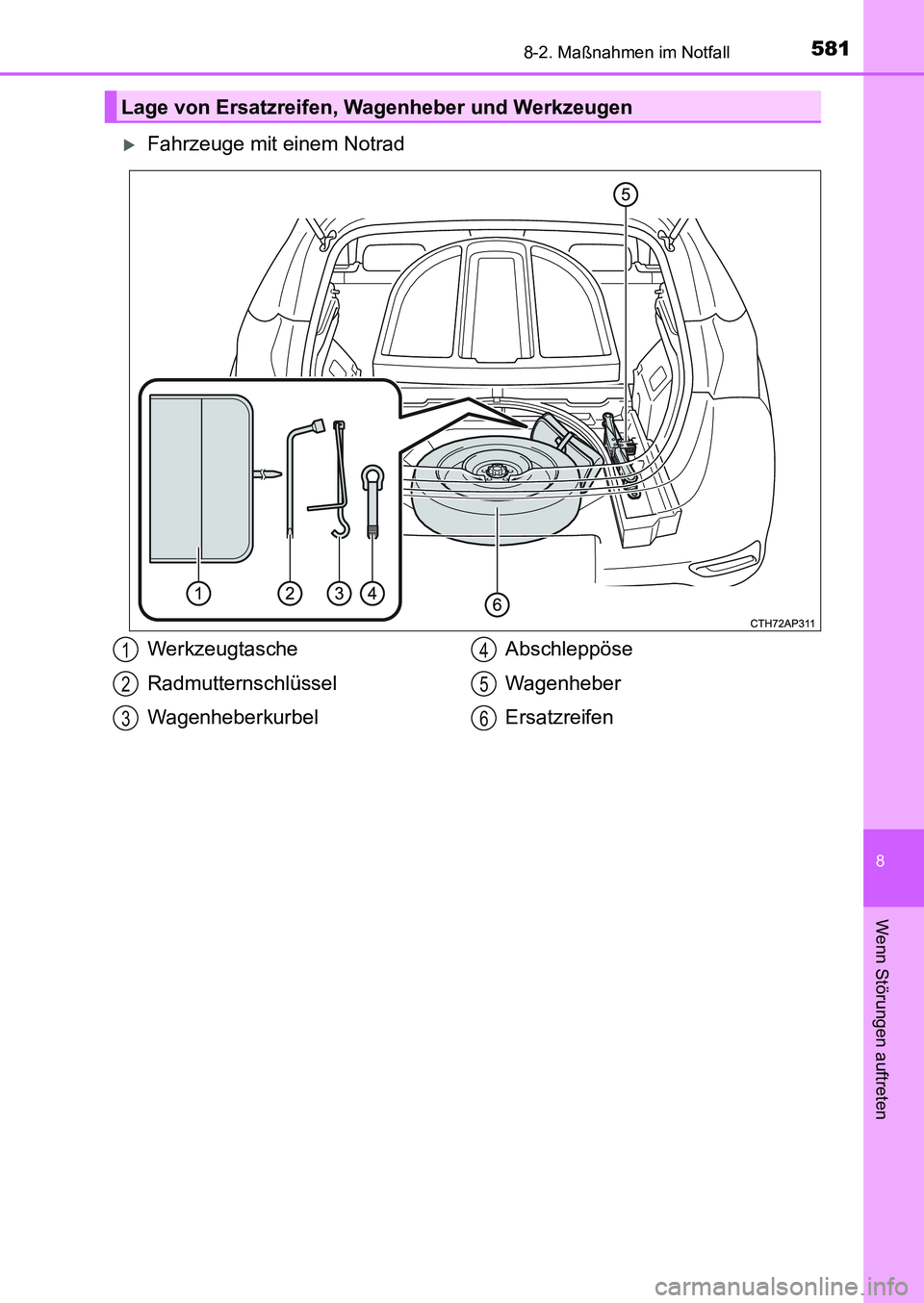 TOYOTA AURIS 2017 Betriebsanleitungen (in German) 5818-2. Maßnahmen im Notfall
8
Wenn Störungen auftreten
UK_AURIS_HB_EM (OM12K99M)
Fahrzeuge mit einem Notrad
Lage von Ersatzreifen, Wagenheber und Werkzeugen
Werkzeugtasche
Radmutternschlüssel
W TOYOTA AURIS 2017 Betriebsanleitungen (in German) 5818-2. Maßnahmen im Notfall
8
Wenn Störungen auftreten
UK_AURIS_HB_EM (OM12K99M)
Fahrzeuge mit einem Notrad
Lage von Ersatzreifen, Wagenheber und Werkzeugen
Werkzeugtasche
Radmutternschlüssel
W