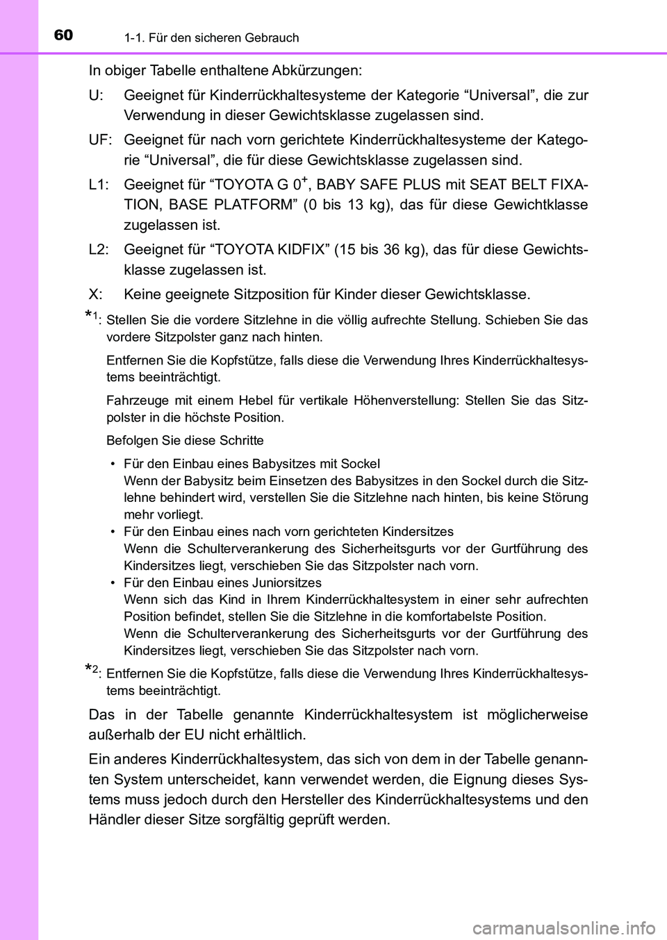 TOYOTA AURIS 2017 Betriebsanleitungen (in German) 601-1. Für den sicheren Gebrauch
UK_AURIS_HB_EM (OM12K99M)
In obiger Tabelle enthaltene Abkürzungen:
U: Geeignet für Kinderrückhaltesysteme der Kategorie “Universal”, die zur
Verwendung in die TOYOTA AURIS 2017 Betriebsanleitungen (in German) 601-1. Für den sicheren Gebrauch
UK_AURIS_HB_EM (OM12K99M)
In obiger Tabelle enthaltene Abkürzungen:
U: Geeignet für Kinderrückhaltesysteme der Kategorie “Universal”, die zur
Verwendung in die