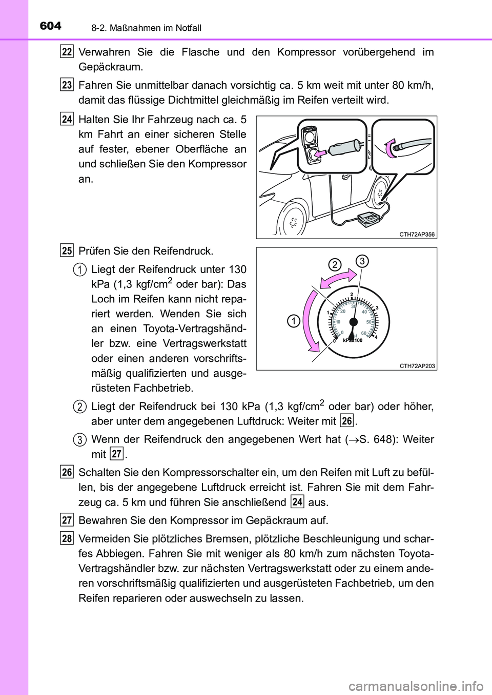TOYOTA AURIS 2017 Betriebsanleitungen (in German) 6048-2. Maßnahmen im Notfall
UK_AURIS_HB_EM (OM12K99M)
Verwahren Sie die Flasche und den Kompressor vorübergehend im
Gepäckraum.
Fahren Sie unmittelbar danach vorsichtig ca. 5 km weit mit unter 80 TOYOTA AURIS 2017 Betriebsanleitungen (in German) 6048-2. Maßnahmen im Notfall
UK_AURIS_HB_EM (OM12K99M)
Verwahren Sie die Flasche und den Kompressor vorübergehend im
Gepäckraum.
Fahren Sie unmittelbar danach vorsichtig ca. 5 km weit mit unter 80