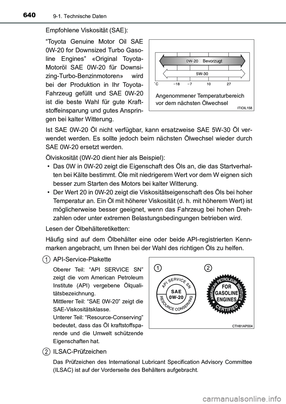 TOYOTA AURIS 2017 Betriebsanleitungen (in German) 6409-1. Technische Daten
UK_AURIS_HB_EM (OM12K99M)
Empfohlene Viskosität (SAE):
“Toyota Genuine Motor Oil SAE
0W-20 for Downsized Turbo Gaso-
line Engines” «Original Toyota-
Motoröl SAE 0W-20 f TOYOTA AURIS 2017 Betriebsanleitungen (in German) 6409-1. Technische Daten
UK_AURIS_HB_EM (OM12K99M)
Empfohlene Viskosität (SAE):
“Toyota Genuine Motor Oil SAE
0W-20 for Downsized Turbo Gaso-
line Engines” «Original Toyota-
Motoröl SAE 0W-20 f