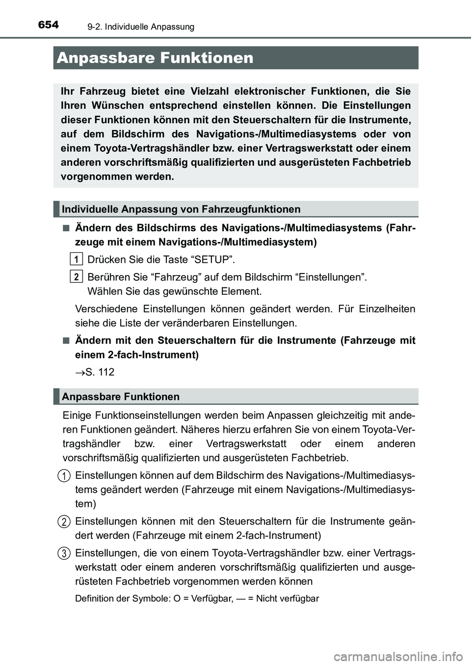 TOYOTA AURIS 2017 Betriebsanleitungen (in German) 654
UK_AURIS_HB_EM (OM12K99M)
9-2. Individuelle Anpassung
■Ändern des Bildschirms des Navigations-/Multimediasystems (Fahr-
zeuge mit einem Navigations-/Multimediasystem)
Drücken Sie die Taste “ TOYOTA AURIS 2017 Betriebsanleitungen (in German) 654
UK_AURIS_HB_EM (OM12K99M)
9-2. Individuelle Anpassung
■Ändern des Bildschirms des Navigations-/Multimediasystems (Fahr-
zeuge mit einem Navigations-/Multimediasystem)
Drücken Sie die Taste “