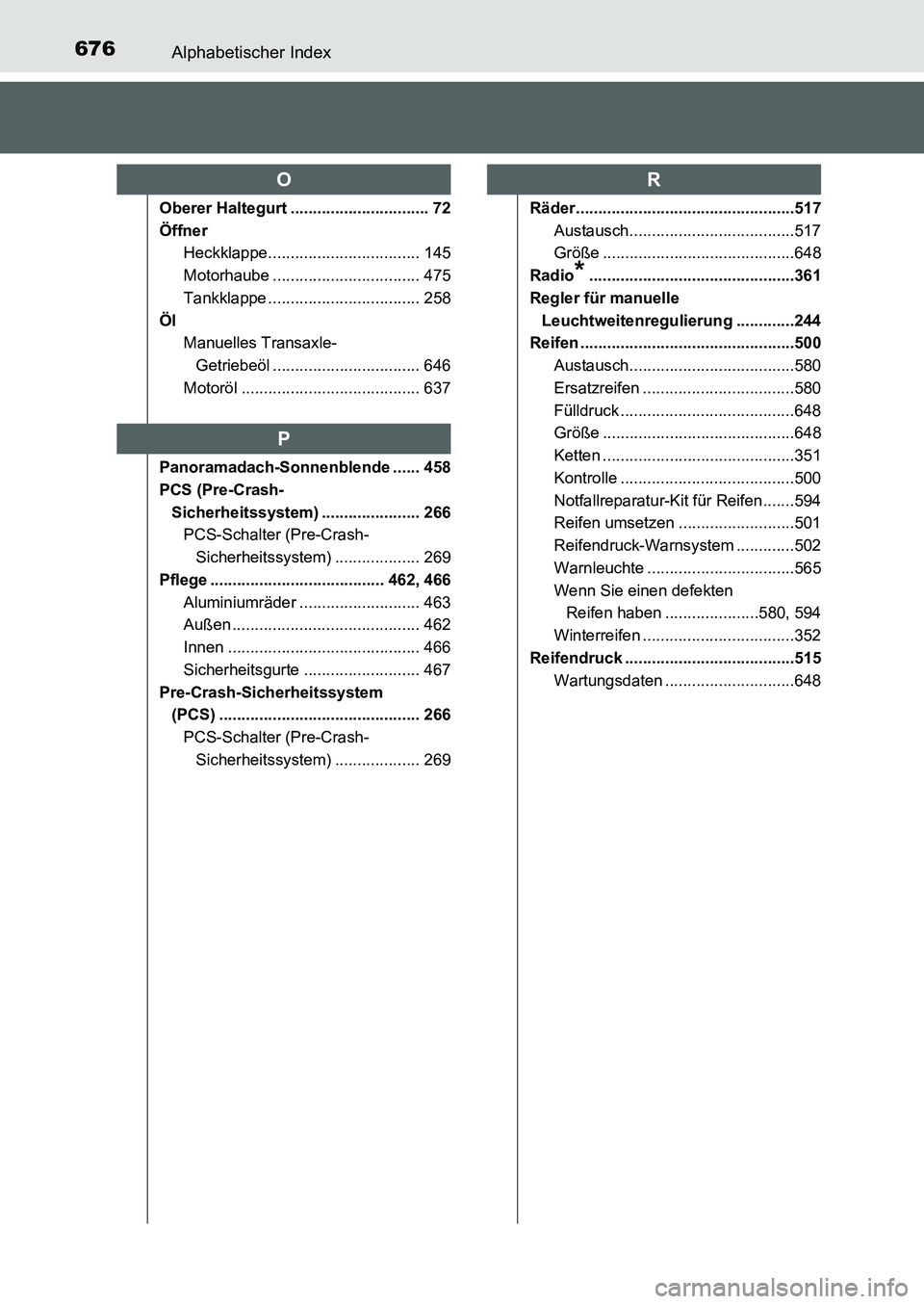 TOYOTA AURIS 2017 Betriebsanleitungen (in German) 676Alphabetischer Index
UK_AURIS_HB_EM (OM12K99M)
Oberer Haltegurt ............................... 72
Öffner
Heckklappe.................................. 145
Motorhaube .............................. TOYOTA AURIS 2017 Betriebsanleitungen (in German) 676Alphabetischer Index
UK_AURIS_HB_EM (OM12K99M)
Oberer Haltegurt ............................... 72
Öffner
Heckklappe.................................. 145
Motorhaube ..............................