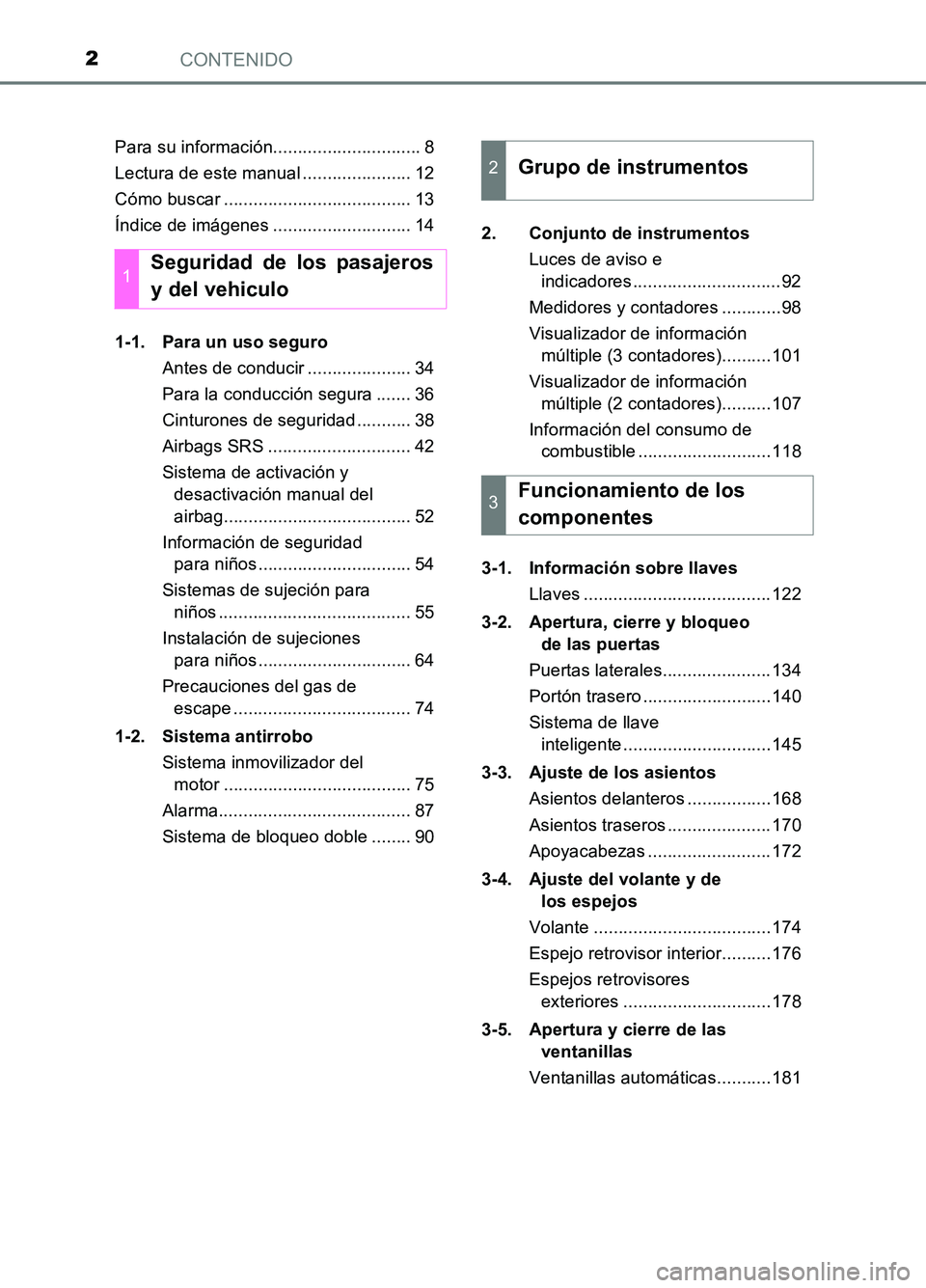 TOYOTA AURIS 2017 Manuale de Empleo (in Spanish) CONTENIDO2
UK_AURIS_HB_ES (OM12L00S)
Para su información.............................. 8
Lectura de este manual ...................... 12
Cómo buscar ...................................... 13
Índ TOYOTA AURIS 2017 Manuale de Empleo (in Spanish) CONTENIDO2
UK_AURIS_HB_ES (OM12L00S)
Para su información.............................. 8
Lectura de este manual ...................... 12
Cómo buscar ...................................... 13
Índ