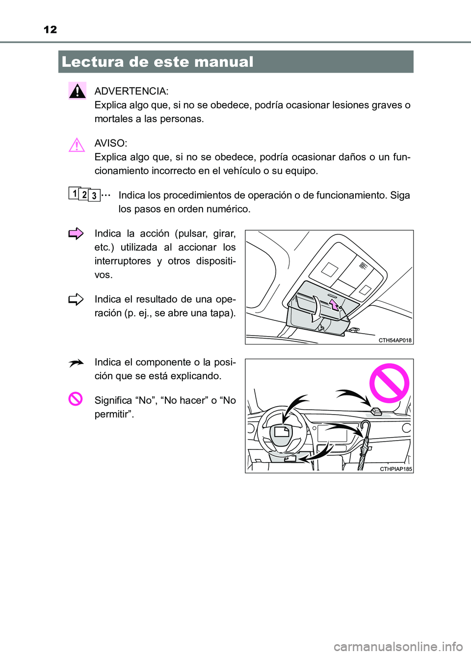 TOYOTA AURIS 2017 Manuale de Empleo (in Spanish) 12
UK_AURIS_HB_ES (OM12L00S)
ADVERTENCIA:
Explica algo que, si no se obedece, podría ocasionar lesiones graves o
mortales a las personas.
AV I S O :
Explica algo que, si no se obedece, podría TOYOTA AURIS 2017 Manuale de Empleo (in Spanish) 12
UK_AURIS_HB_ES (OM12L00S)
ADVERTENCIA:
Explica algo que, si no se obedece, podría ocasionar lesiones graves o
mortales a las personas.
AV I S O :
Explica algo que, si no se obedece, podría