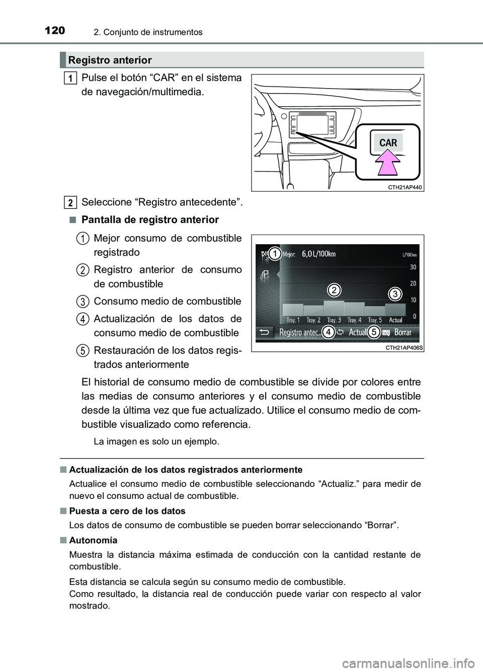 TOYOTA AURIS 2017  Manuale de Empleo (in Spanish) 1202. Conjunto de instrumentos
UK_AURIS_HB_ES (OM12L00S)
Pulse el botón “CAR” en el sistema 
de navegación/multimedia. 
Seleccione “Registro antecedente”.
■Pantalla de registro anterior 
M