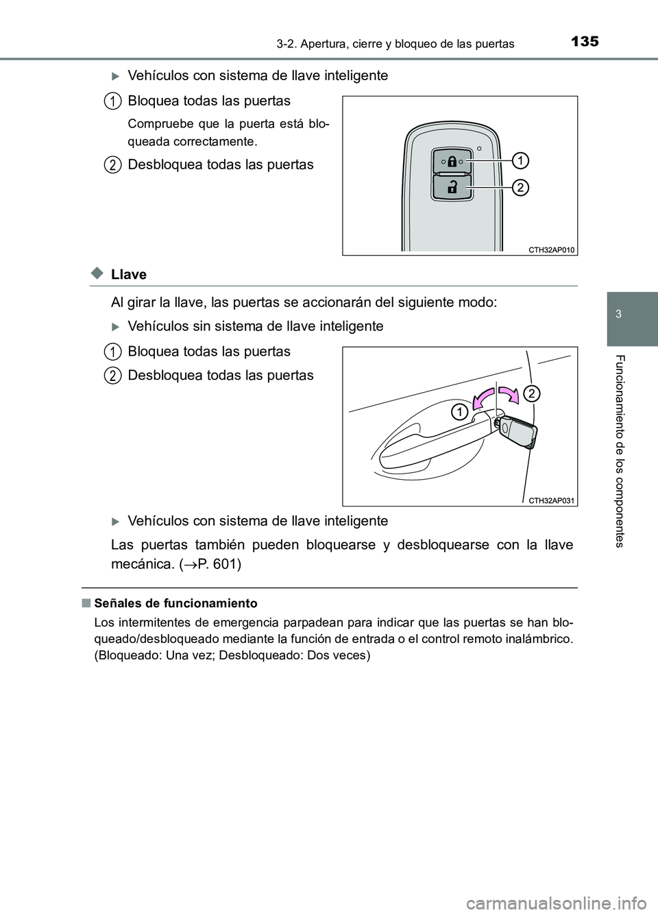 TOYOTA AURIS 2017  Manuale de Empleo (in Spanish) 1353-2. Apertura, cierre y bloqueo de las puertas
3
Funcionamiento de los componentes
UK_AURIS_HB_ES (OM12L00S)
Vehículos con sistema de llave inteligente 
Bloquea todas las puertas
Compruebe que 