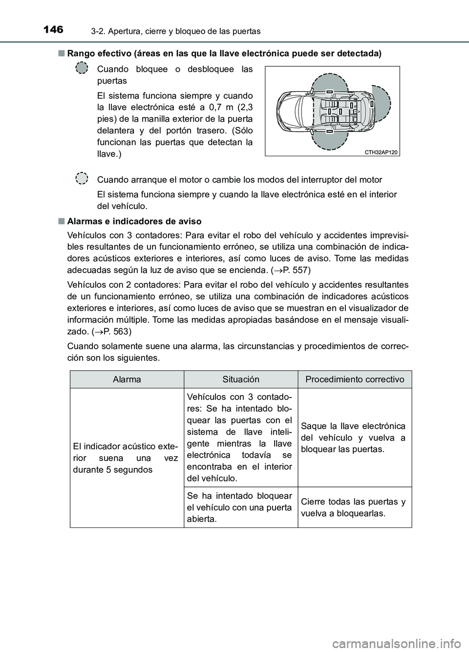 TOYOTA AURIS 2017  Manuale de Empleo (in Spanish) 1463-2. Apertura, cierre y bloqueo de las puertas
UK_AURIS_HB_ES (OM12L00S) 
■ Rango efectivo (áreas en las que la llave electrónica puede ser detectada) 
■ Alarmas e indicadores de aviso 
Vehí