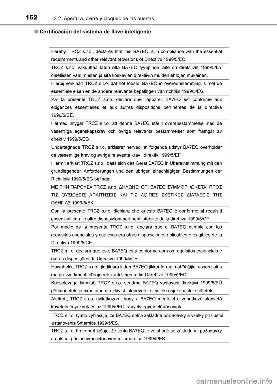 TOYOTA AURIS 2017  Manuale de Empleo (in Spanish) 1523-2. Apertura, cierre y bloqueo de las puertas
UK_AURIS_HB_ES (OM12L00S) 
■ Certificación del sistema de llave inteligente 