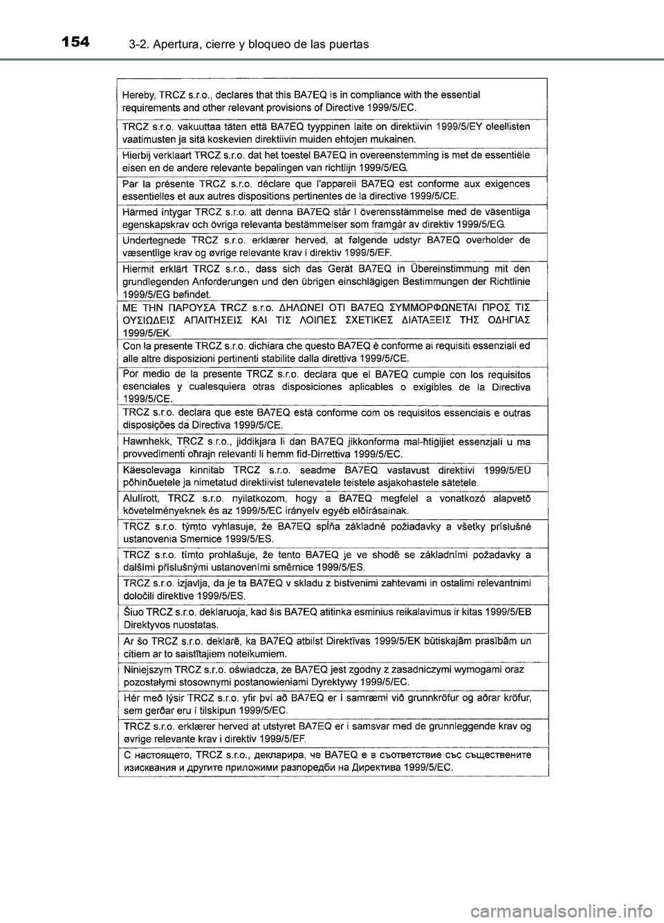 TOYOTA AURIS 2017  Manuale de Empleo (in Spanish) 1543-2. Apertura, cierre y bloqueo de las puertas
UK_AURIS_HB_ES (OM12L00S) 