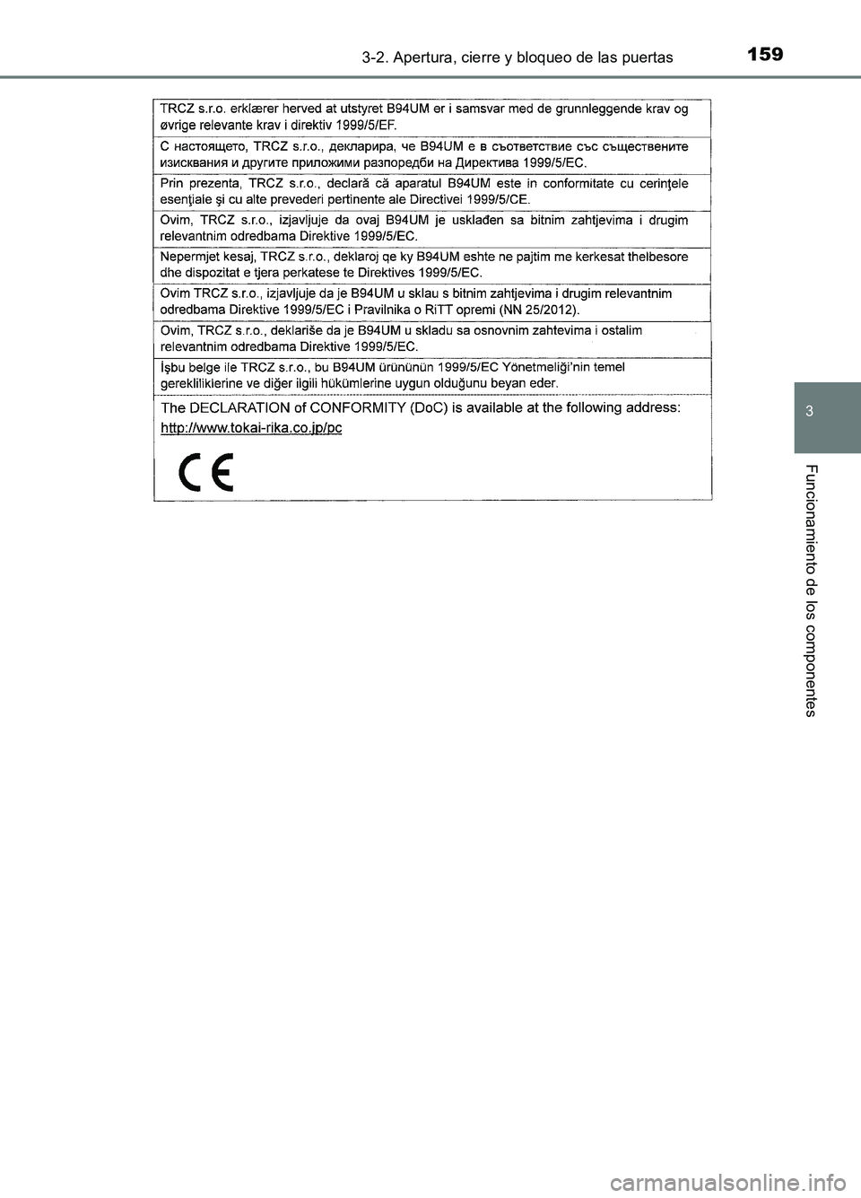 TOYOTA AURIS 2017  Manuale de Empleo (in Spanish) 1593-2. Apertura, cierre y bloqueo de las puertas
3
Funcionamiento de los componentes
UK_AURIS_HB_ES (OM12L00S) 