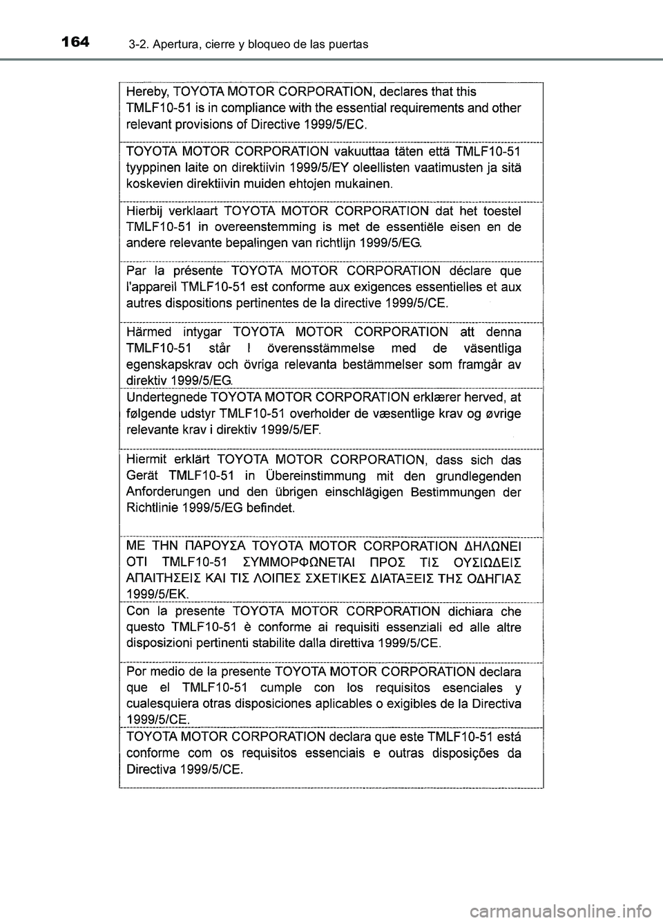TOYOTA AURIS 2017  Manuale de Empleo (in Spanish) 1643-2. Apertura, cierre y bloqueo de las puertas
UK_AURIS_HB_ES (OM12L00S) 