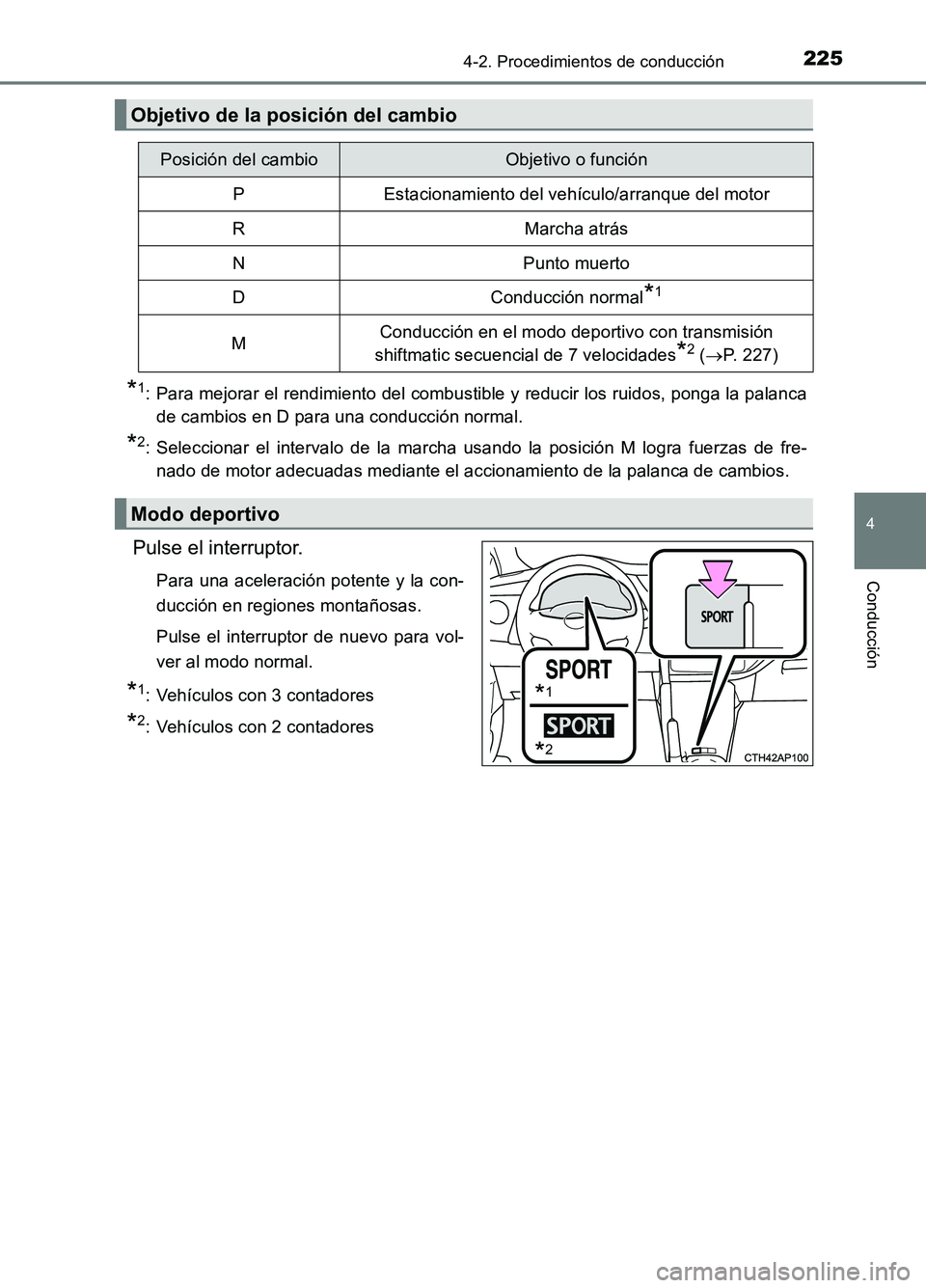 TOYOTA AURIS 2017 Manuale de Empleo (in Spanish) 2254-2. Procedimientos de conducción
4
Conducción
UK_AURIS_HB_ES (OM12L00S)
*1: Para mejorar el rendimiento del combustible y reducir los ruidos, ponga la palanca
de cambios en D para una conducci TOYOTA AURIS 2017 Manuale de Empleo (in Spanish) 2254-2. Procedimientos de conducción
4
Conducción
UK_AURIS_HB_ES (OM12L00S)
*1: Para mejorar el rendimiento del combustible y reducir los ruidos, ponga la palanca
de cambios en D para una conducci
