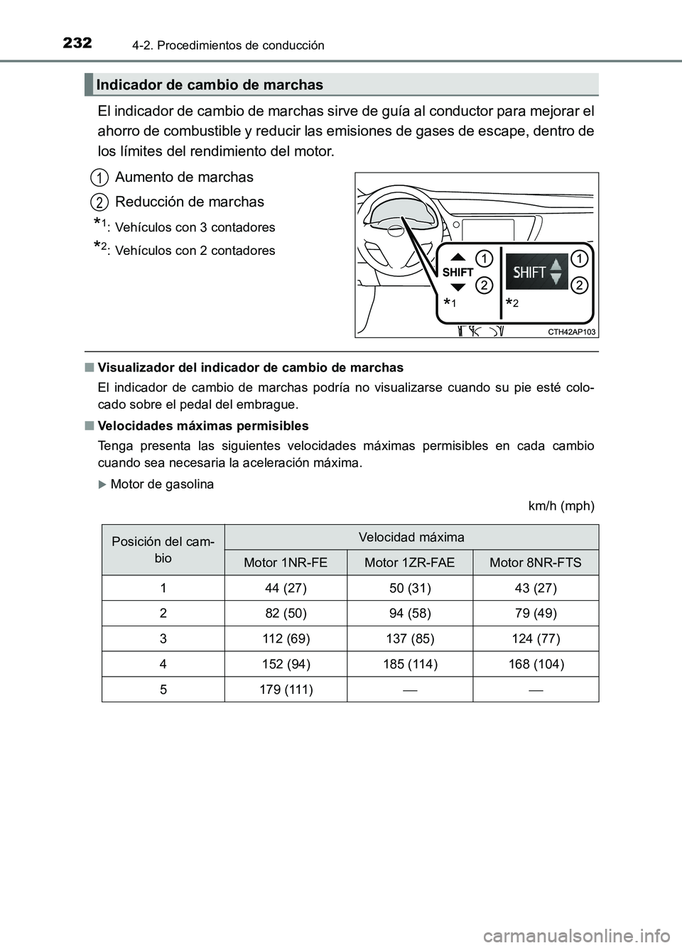 TOYOTA AURIS 2017 Manuale de Empleo (in Spanish) 2324-2. Procedimientos de conducción
UK_AURIS_HB_ES (OM12L00S)
El indicador de cambio de marchas sirve de guía al conductor para mejorar el
ahorro de combustible y reducir las emisiones de gases de TOYOTA AURIS 2017 Manuale de Empleo (in Spanish) 2324-2. Procedimientos de conducción
UK_AURIS_HB_ES (OM12L00S)
El indicador de cambio de marchas sirve de guía al conductor para mejorar el
ahorro de combustible y reducir las emisiones de gases de