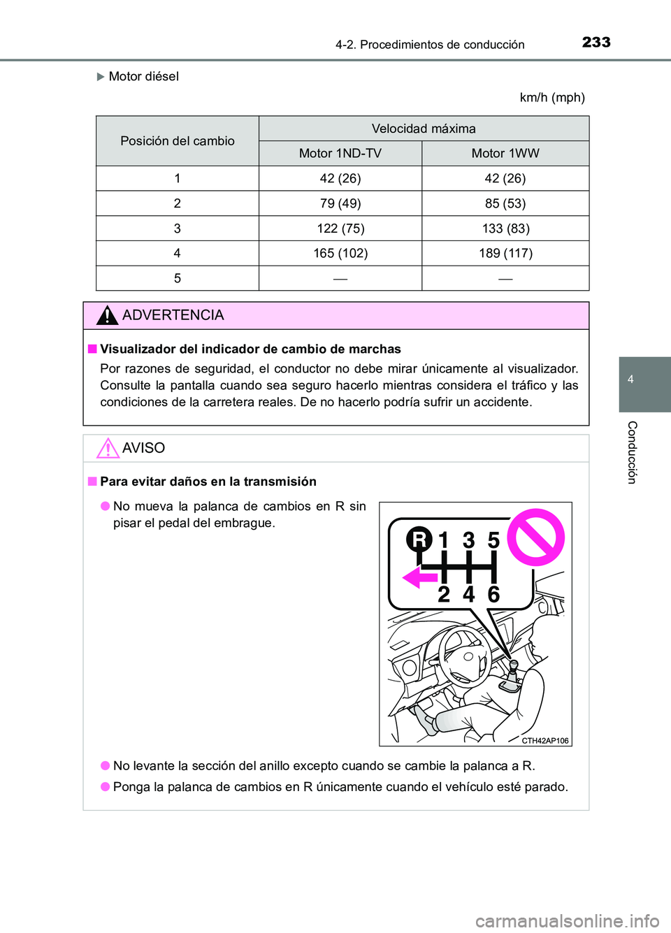 TOYOTA AURIS 2017 Manuale de Empleo (in Spanish) 2334-2. Procedimientos de conducción
4
Conducción
UK_AURIS_HB_ES (OM12L00S)
Motor diésel
km/h (mph)
Posición del cambioVelocidad máxima
Motor 1ND-TVMotor 1WW
142 (26)42 (26)
279 (49)85 (53)
3 TOYOTA AURIS 2017 Manuale de Empleo (in Spanish) 2334-2. Procedimientos de conducción
4
Conducción
UK_AURIS_HB_ES (OM12L00S)
Motor diésel
km/h (mph)
Posición del cambioVelocidad máxima
Motor 1ND-TVMotor 1WW
142 (26)42 (26)
279 (49)85 (53)
3
