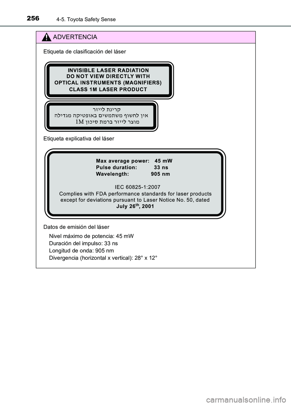 TOYOTA AURIS 2017 Manuale de Empleo (in Spanish) 2564-5. Toyota Safety Sense
UK_AURIS_HB_ES (OM12L00S)
ADVERTENCIA
Etiqueta de clasificación del láser
Etiqueta explicativa del láser
Datos de emisión del láser
Nivel máximo de potencia: 45 mW TOYOTA AURIS 2017 Manuale de Empleo (in Spanish) 2564-5. Toyota Safety Sense
UK_AURIS_HB_ES (OM12L00S)
ADVERTENCIA
Etiqueta de clasificación del láser
Etiqueta explicativa del láser
Datos de emisión del láser
Nivel máximo de potencia: 45 mW
