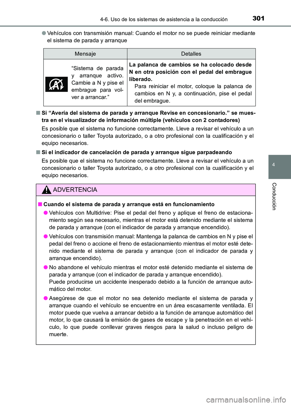 TOYOTA AURIS 2017  Manuale de Empleo (in Spanish) 3014-6. Uso de los sistemas de asistencia a la conducción
4
Conducción
UK_AURIS_HB_ES (OM12L00S) 
● Vehículos con transmisión manual: Cuando el motor no se puede reiniciar mediante 
el sistema d