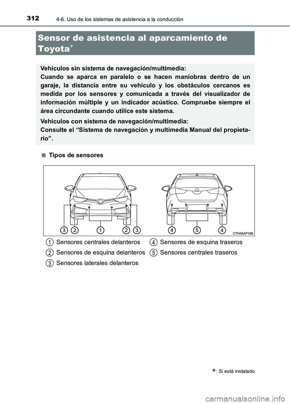TOYOTA AURIS 2017 Manuale de Empleo (in Spanish) 3124-6. Uso de los sistemas de asistencia a la conducción
UK_AURIS_HB_ES (OM12L00S)
■Tipos de sensores
Sensor de asistencia al aparcamiento de
Toyota
: Si está instalado
Vehículos sin si TOYOTA AURIS 2017 Manuale de Empleo (in Spanish) 3124-6. Uso de los sistemas de asistencia a la conducción
UK_AURIS_HB_ES (OM12L00S)
■Tipos de sensores
Sensor de asistencia al aparcamiento de
Toyota
: Si está instalado
Vehículos sin si