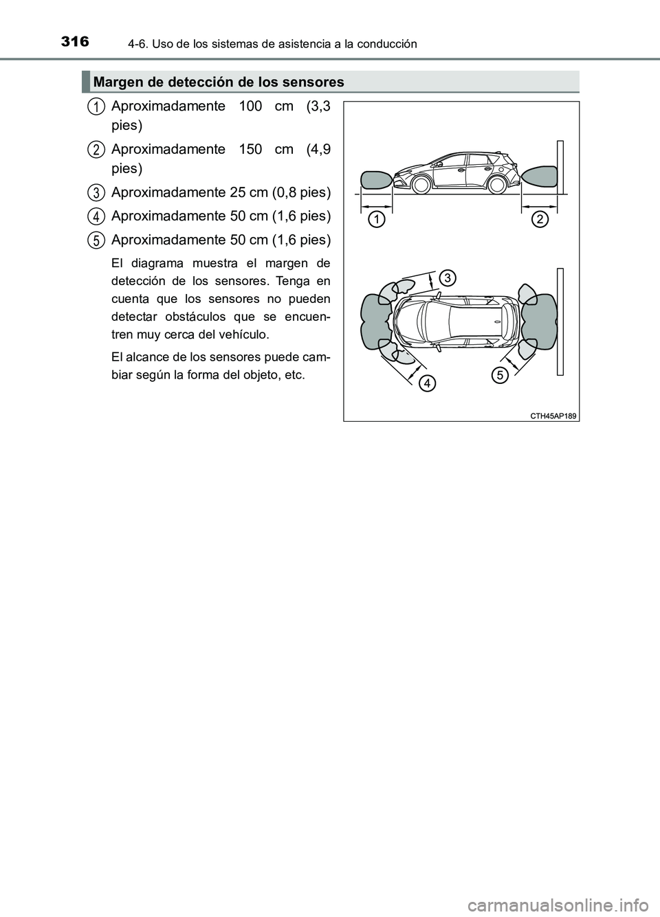 TOYOTA AURIS 2017 Manuale de Empleo (in Spanish) 3164-6. Uso de los sistemas de asistencia a la conducción
UK_AURIS_HB_ES (OM12L00S)
Aproximadamente 100 cm (3,3
pies)
Aproximadamente 150 cm (4,9
pies)
Aproximadamente 25 cm (0,8 pies)
Aproximada TOYOTA AURIS 2017 Manuale de Empleo (in Spanish) 3164-6. Uso de los sistemas de asistencia a la conducción
UK_AURIS_HB_ES (OM12L00S)
Aproximadamente 100 cm (3,3
pies)
Aproximadamente 150 cm (4,9
pies)
Aproximadamente 25 cm (0,8 pies)
Aproximada