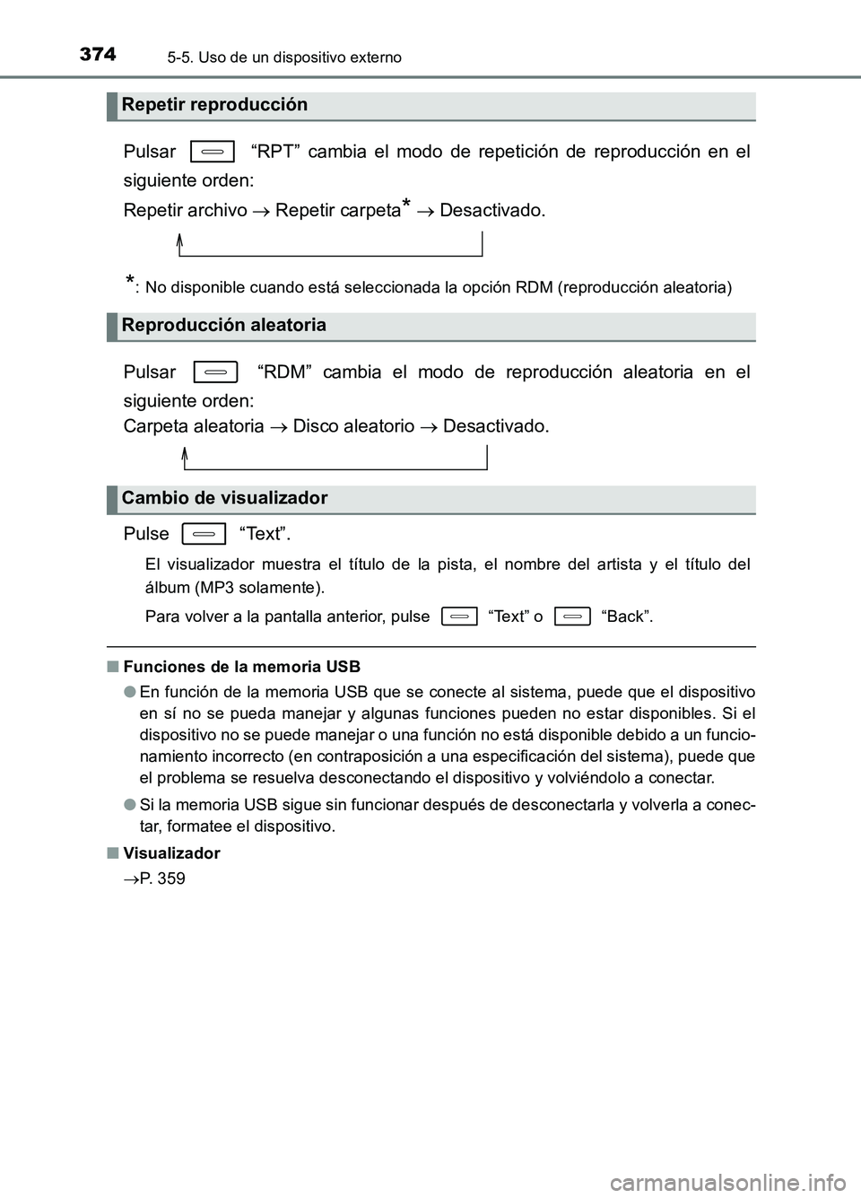 TOYOTA AURIS 2017  Manuale de Empleo (in Spanish) 3745-5. Uso de un dispositivo externo
UK_AURIS_HB_ES (OM12L00S)
Pulsar   “RPT” cambia el modo de repetición de reproducción en el 
siguiente orden:  
Repetir archivo   Repetir carpeta*  De