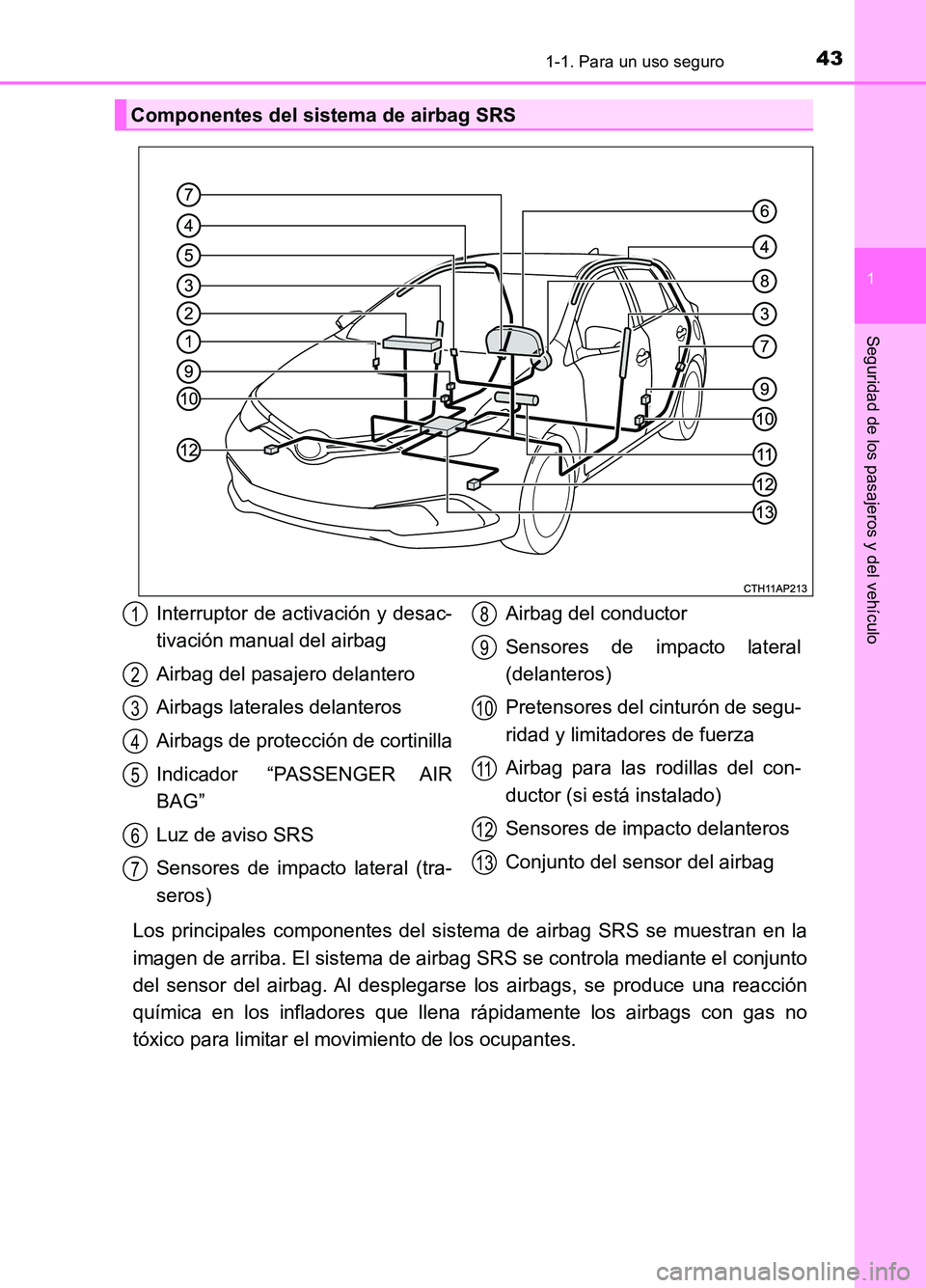 TOYOTA AURIS 2017 Manuale de Empleo (in Spanish) 431-1. Para un uso seguro
1
Seguridad de los pasajeros y del vehículo
UK_AURIS_HB_ES (OM12L00S)
Los principales componentes del sistema de airbag SRS se muestran en la
imagen de arriba. El sistema d TOYOTA AURIS 2017 Manuale de Empleo (in Spanish) 431-1. Para un uso seguro
1
Seguridad de los pasajeros y del vehículo
UK_AURIS_HB_ES (OM12L00S)
Los principales componentes del sistema de airbag SRS se muestran en la
imagen de arriba. El sistema d